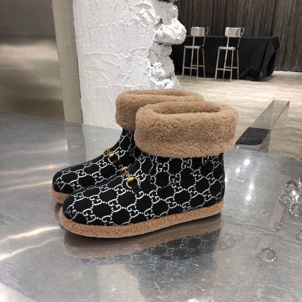 GG Horsebit Snow Cream Black Woolen Fabric Fleece 576256