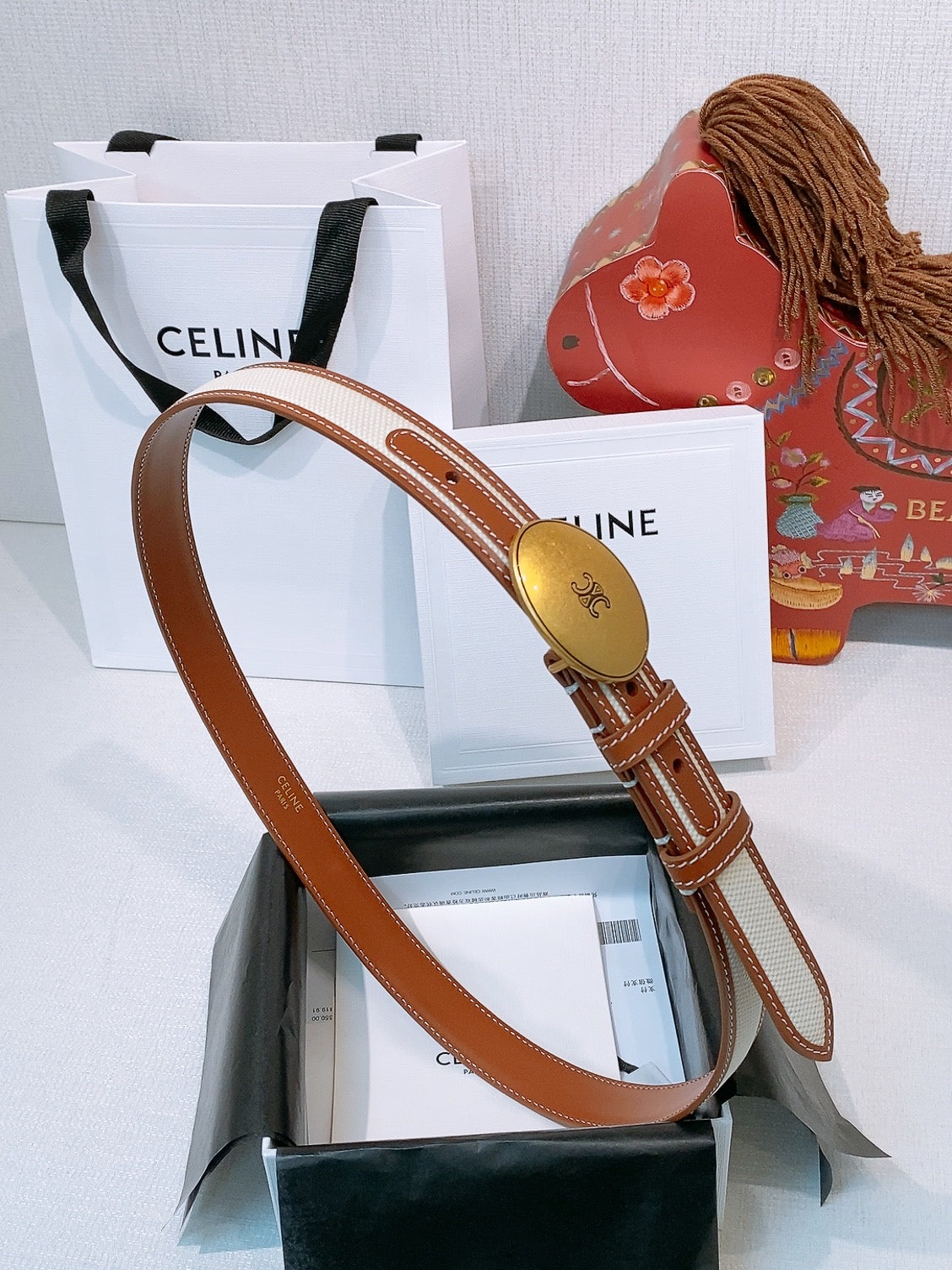 Celine 2026 Triomphe Oval Buckle Belt 25mm Fabric Leather 203763