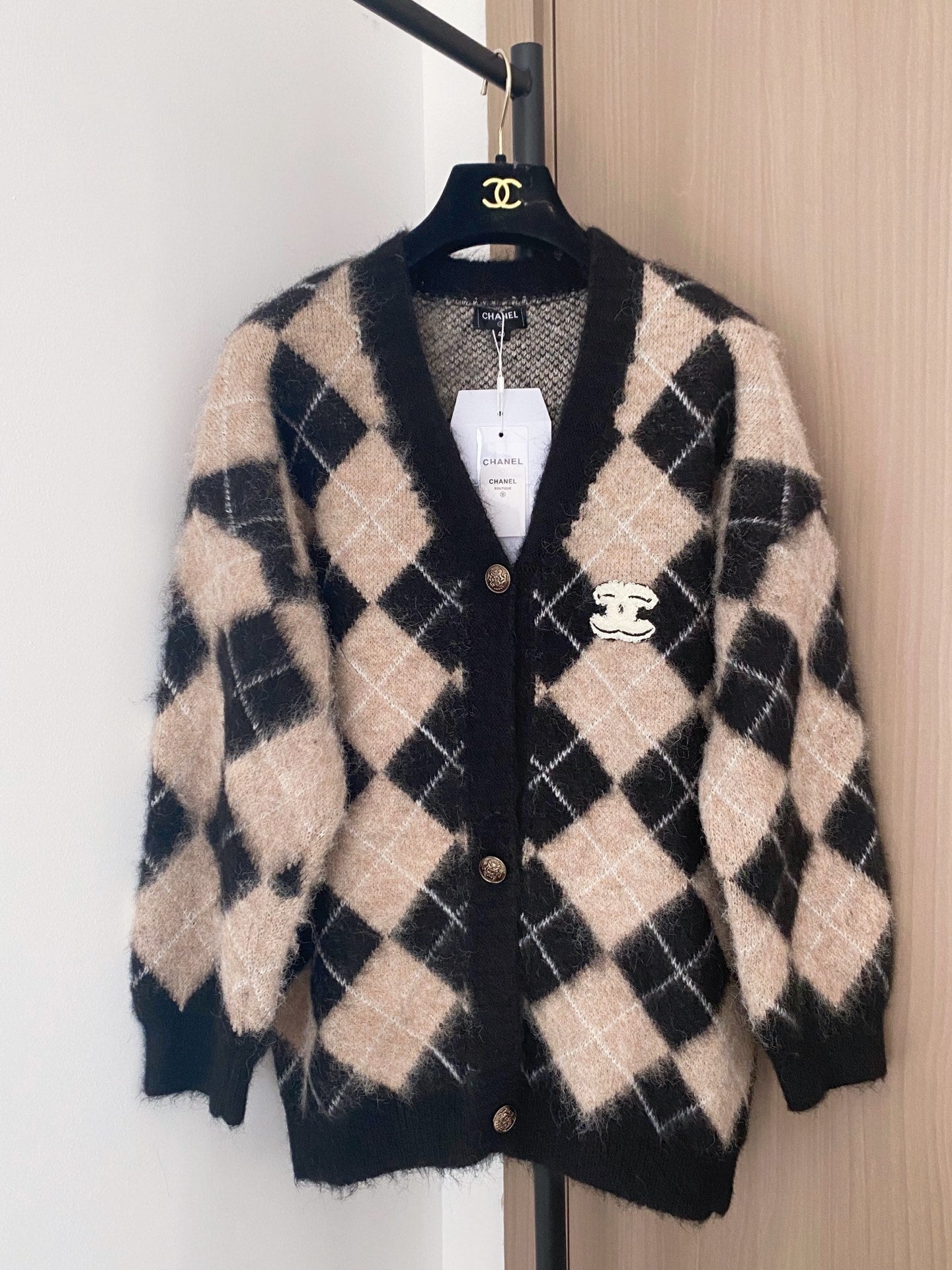 Chanel 2025 Plaid Cardigan Black mix Beige Wool Cashmere