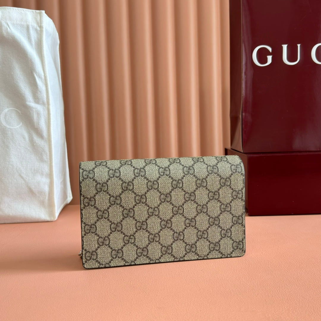 Gucci Marmont Chain Wallet Ebony mix Beige Leather Canvas 255315
