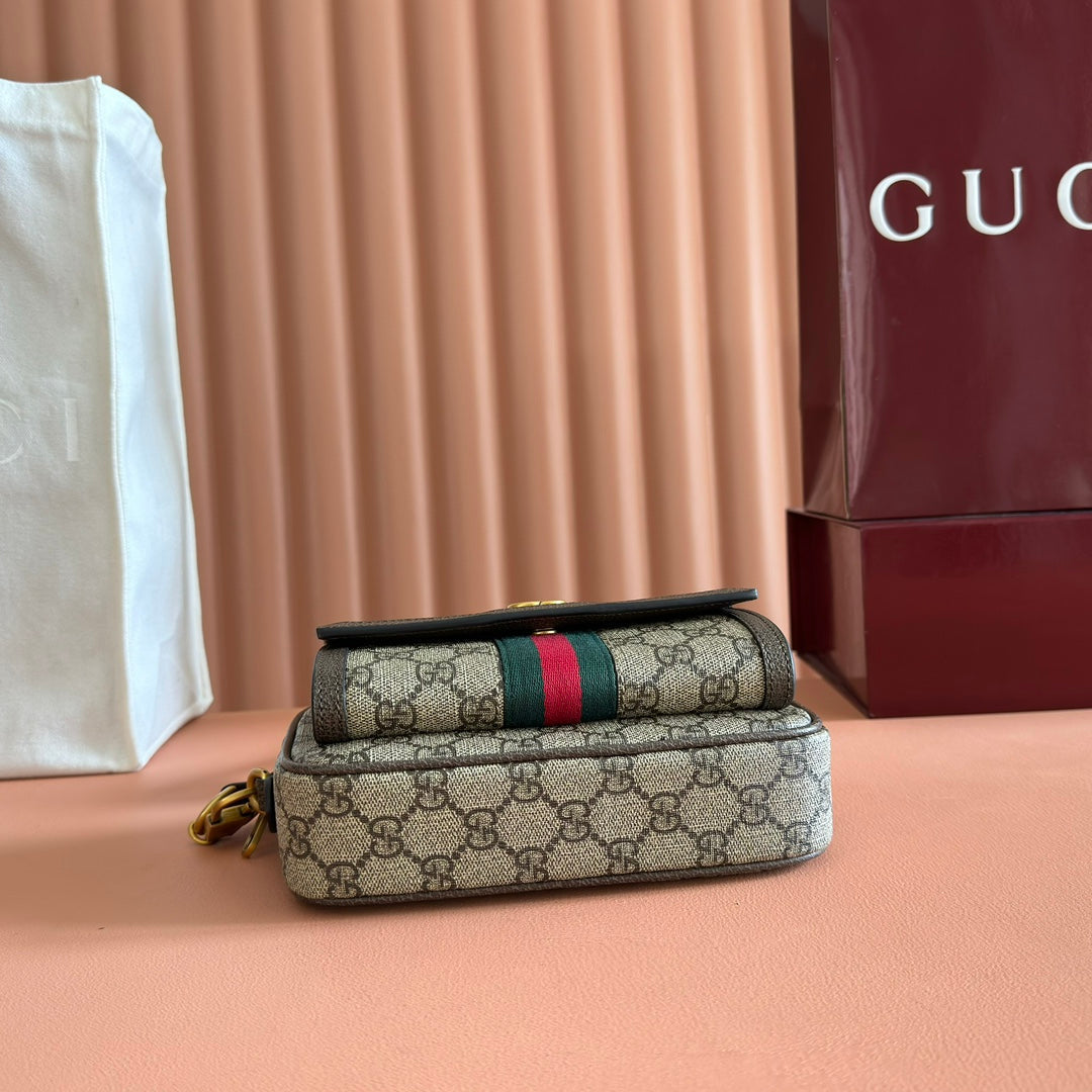 Gucci Ophidia Mini Handbag Beige Brown Canvas Leather 272065
