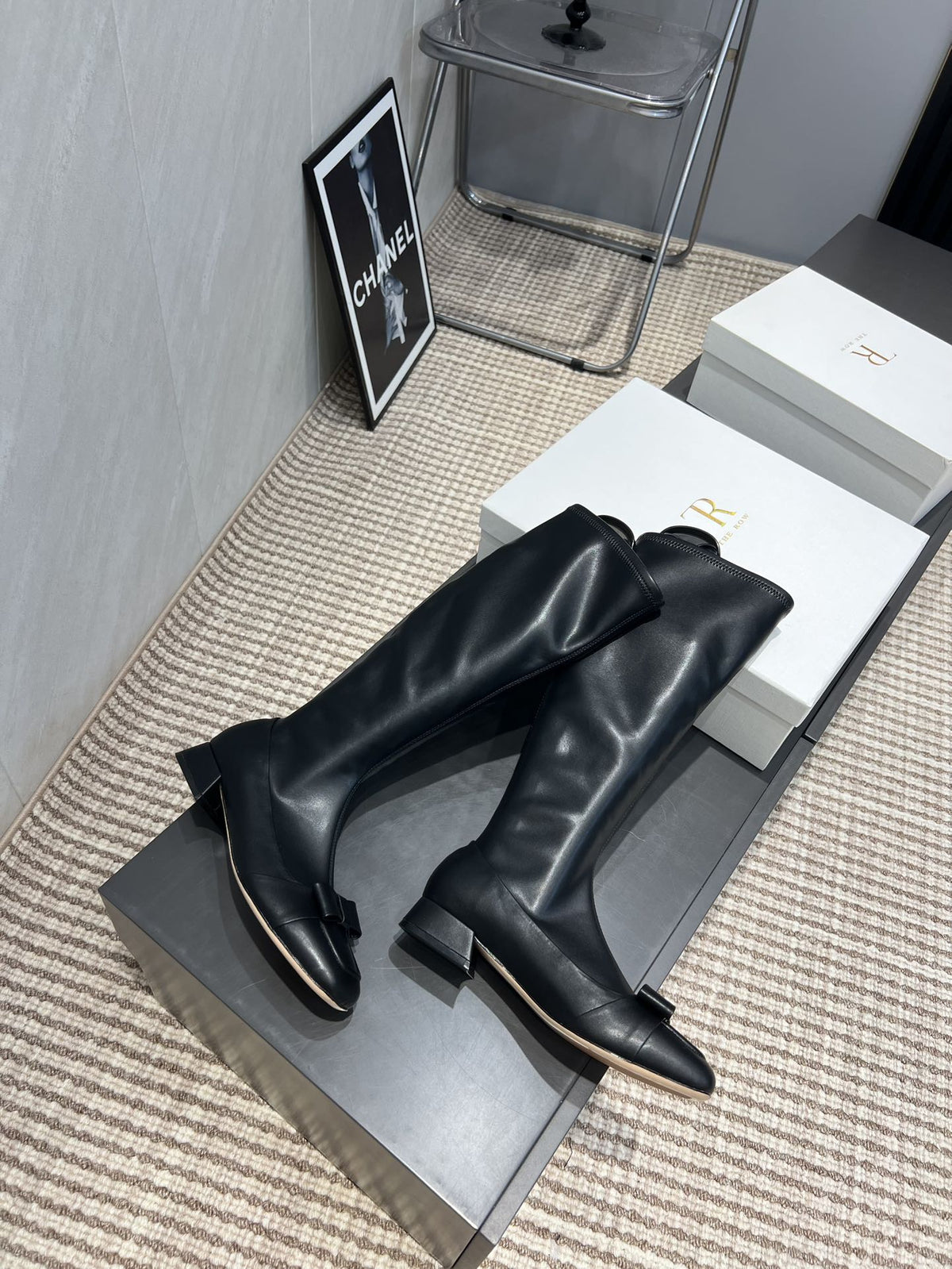 The Row 2025 Square Toe And Bow Accent Long Boot Black Sheepskin 540513