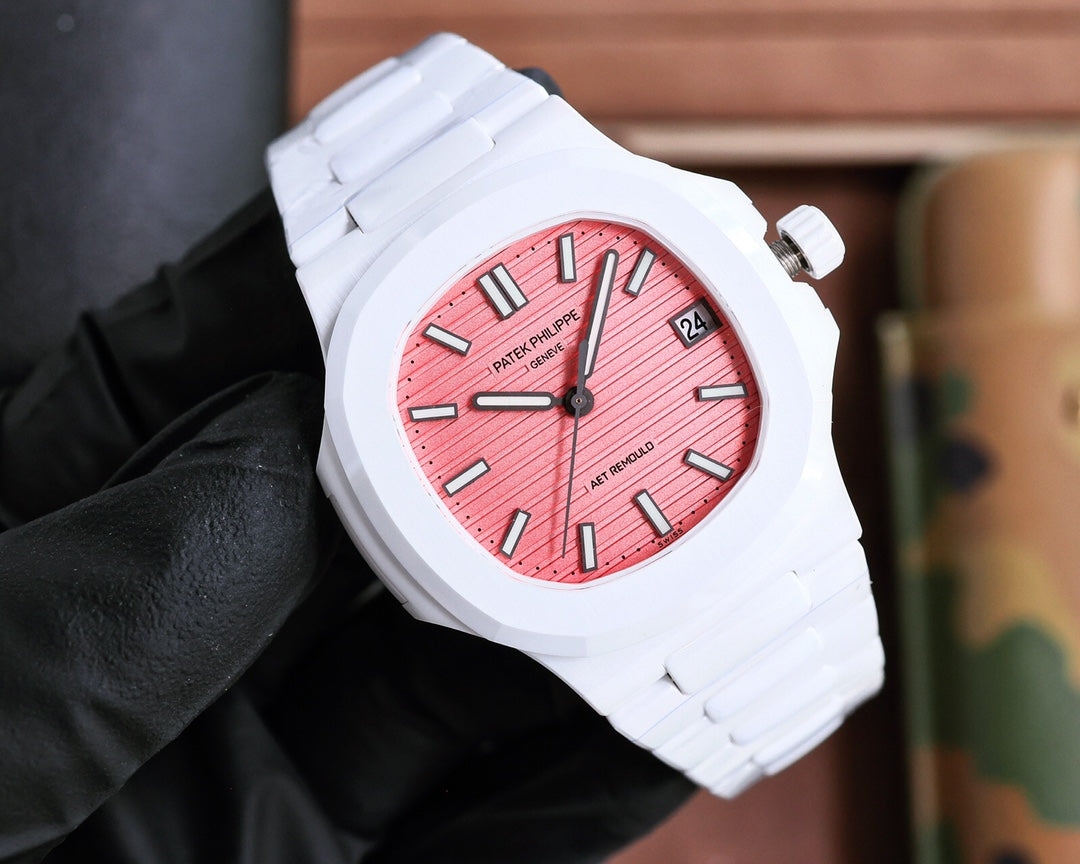 Patek Philippe Nautilus 5711 Pink Dial 40mm White Strap Watch
