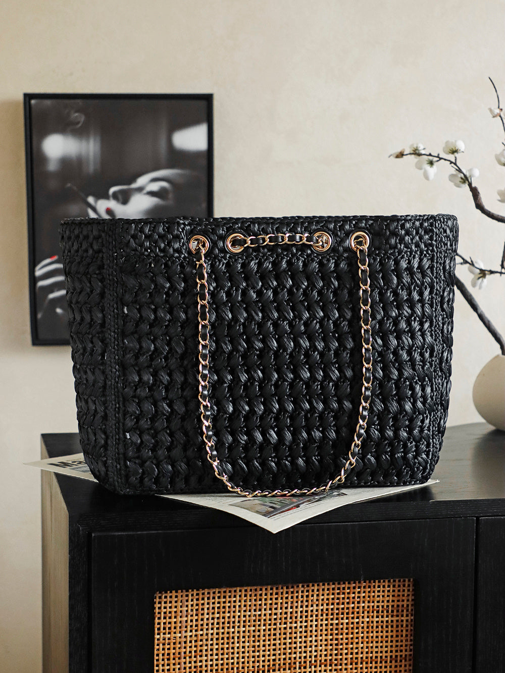 Chanel 2026 Coco Beach Shopping Bag 35cm Black Raffia