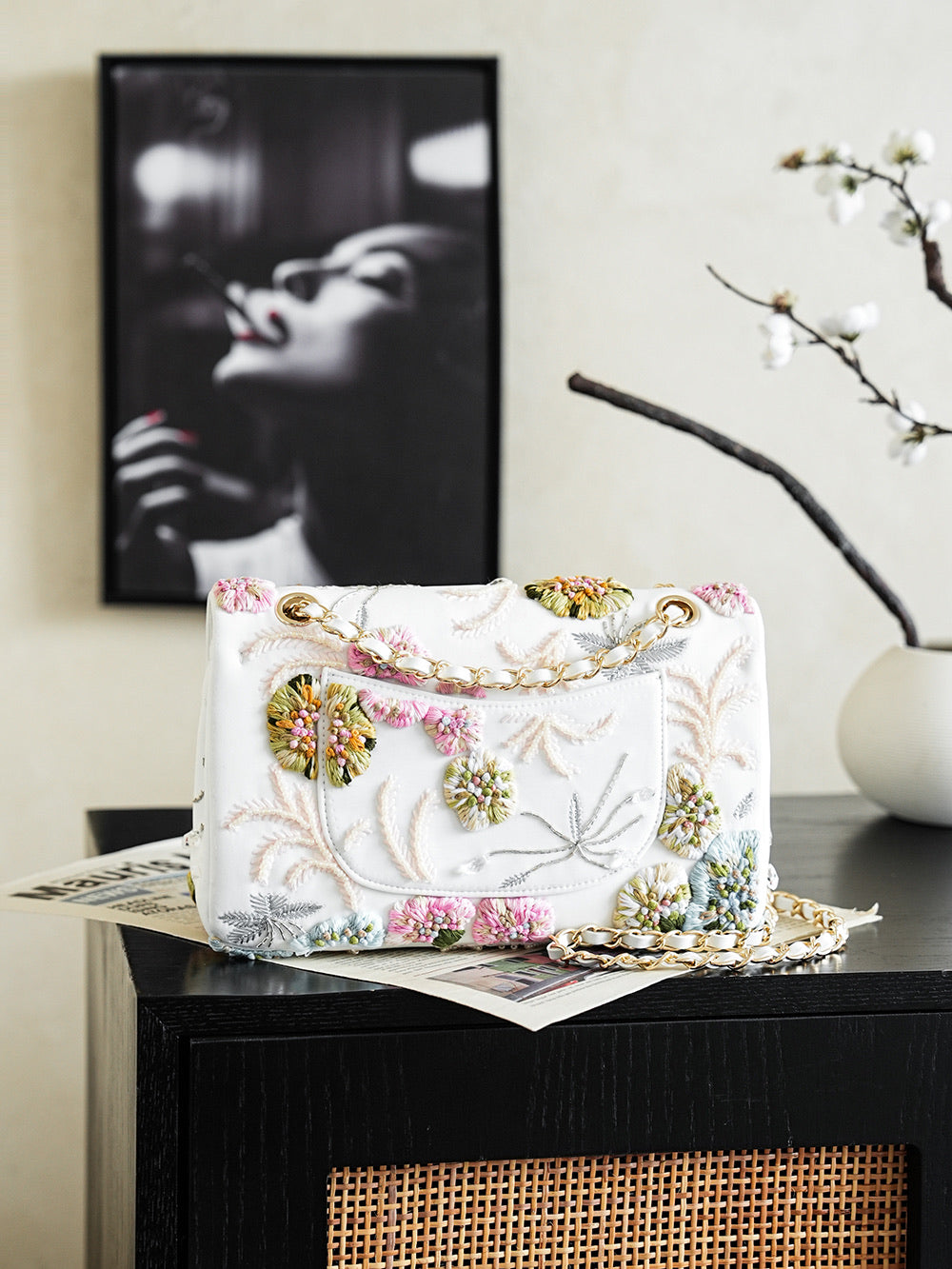 Chanel 2026 Multi-colored Floral Embroidery Bag 25.5cm White Leather