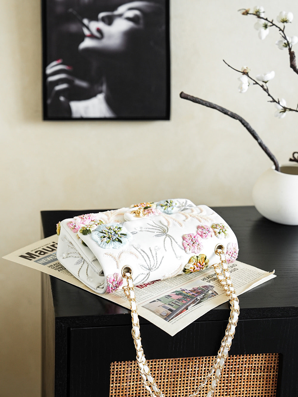 Chanel 2026 Multi-colored Floral Embroidery Bag 25.5cm White Leather