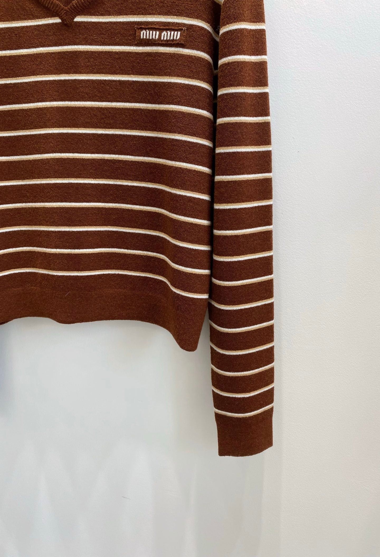 Miumiu 2026 V-neck Striped Knit Polo Sweater Brown Wool 244580