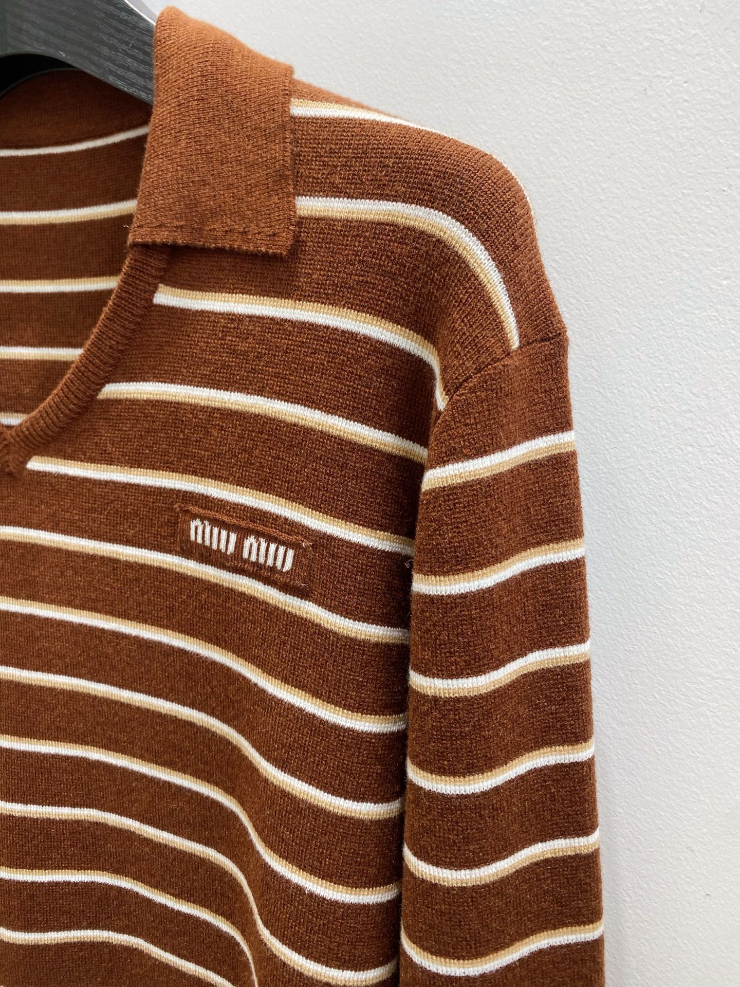 Miumiu 2026 V-neck Striped Knit Polo Sweater Brown Wool 244580