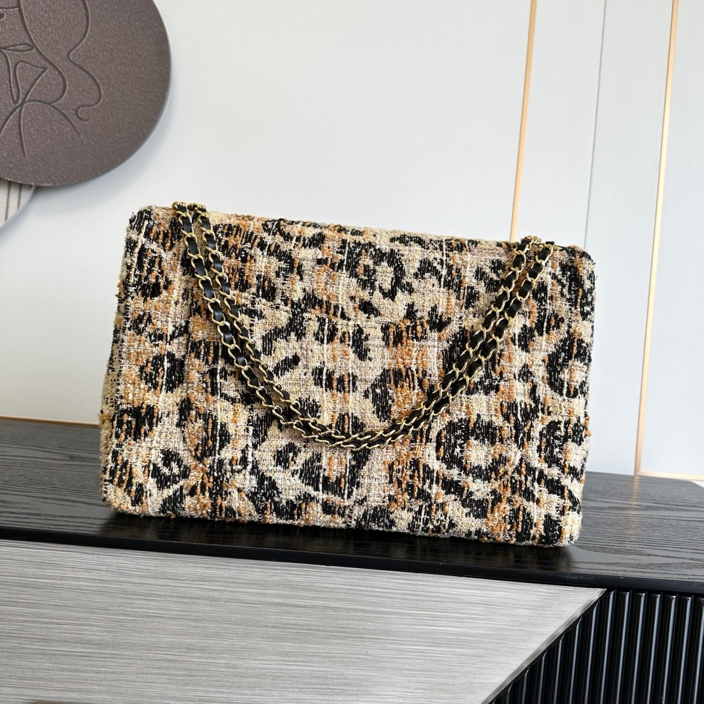 Chanel 2026 Leopard Print CF Maxi Flap Bag Tweed Leather