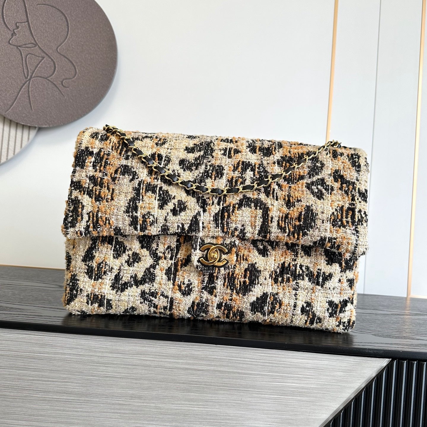 Chanel 2026 Leopard Print CF Maxi Flap Bag Tweed Leather