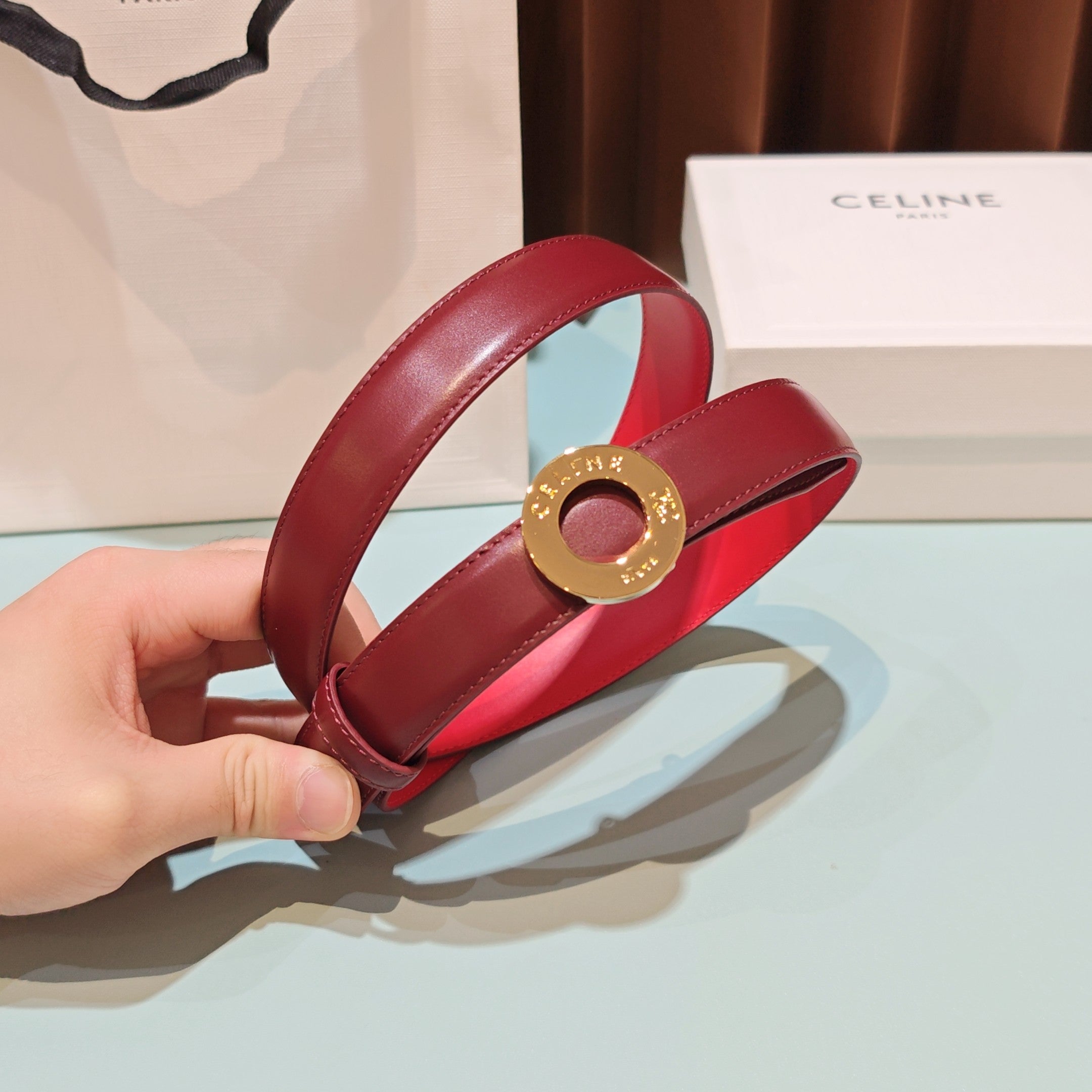 Celine 2026 Disc Buckle Reversible Strap Belt 25mm Leather 196682