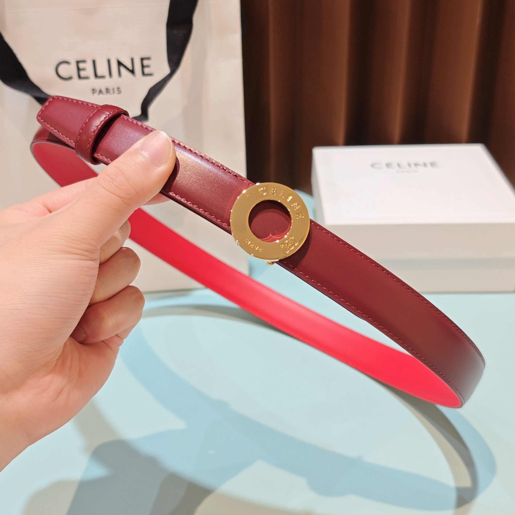 Celine 2026 Disc Buckle Reversible Strap Belt 25mm Leather 196682