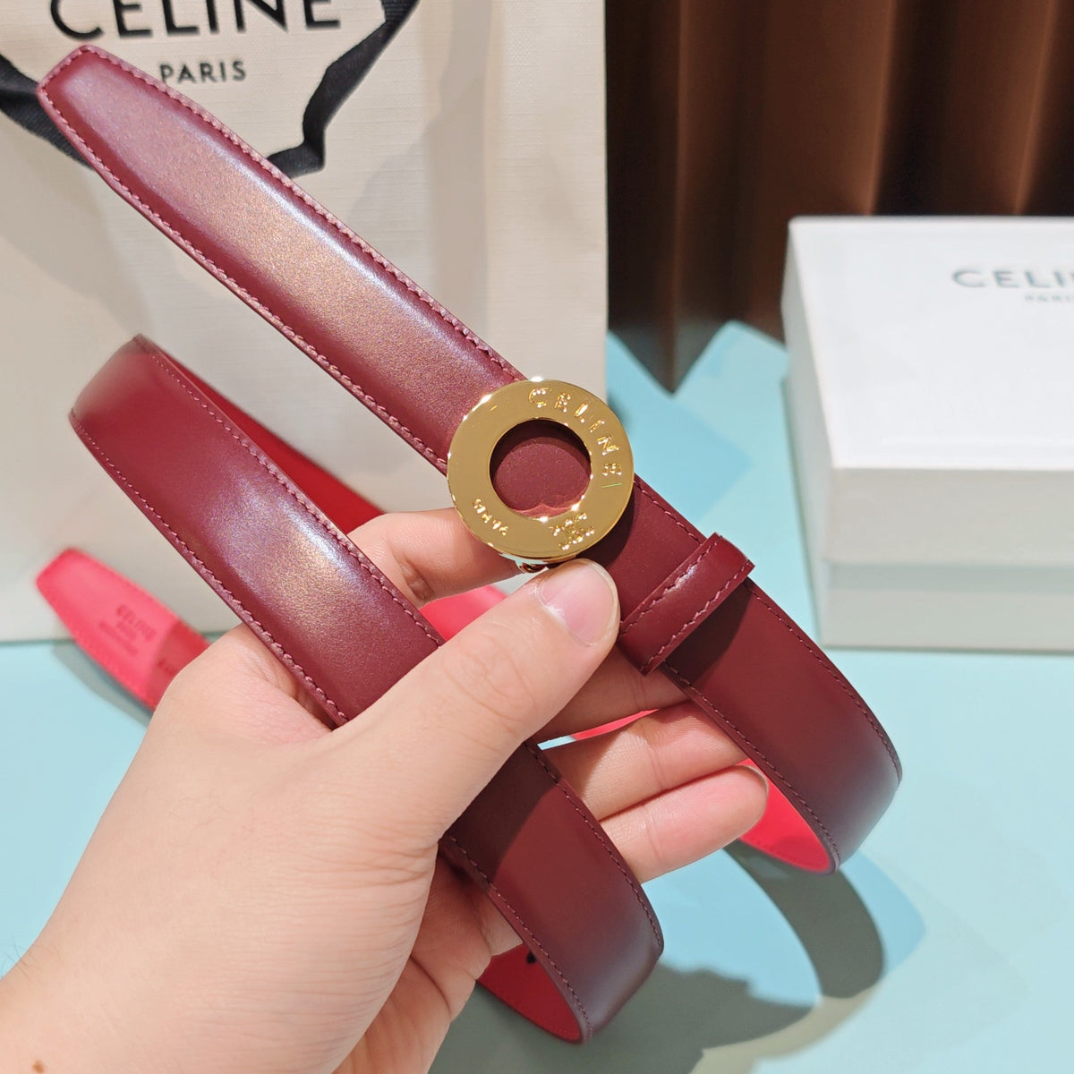 Celine 2026 Disc Buckle Reversible Strap Belt 25mm Leather 196682