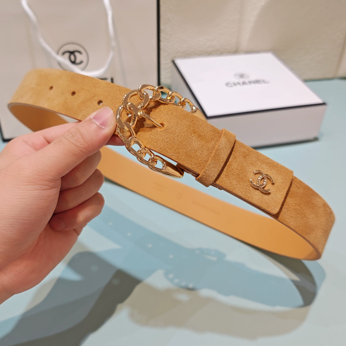 CC Belt 3.0CM Camel Brown Suede Gold Buckle 198423