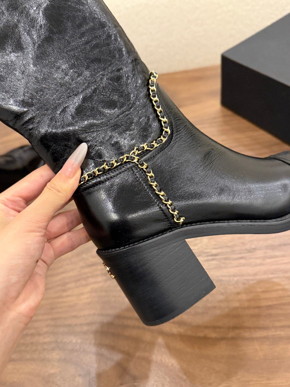 Chanel 2026 Crumped Cap Toe Chain Boots 65mm Leather 173455