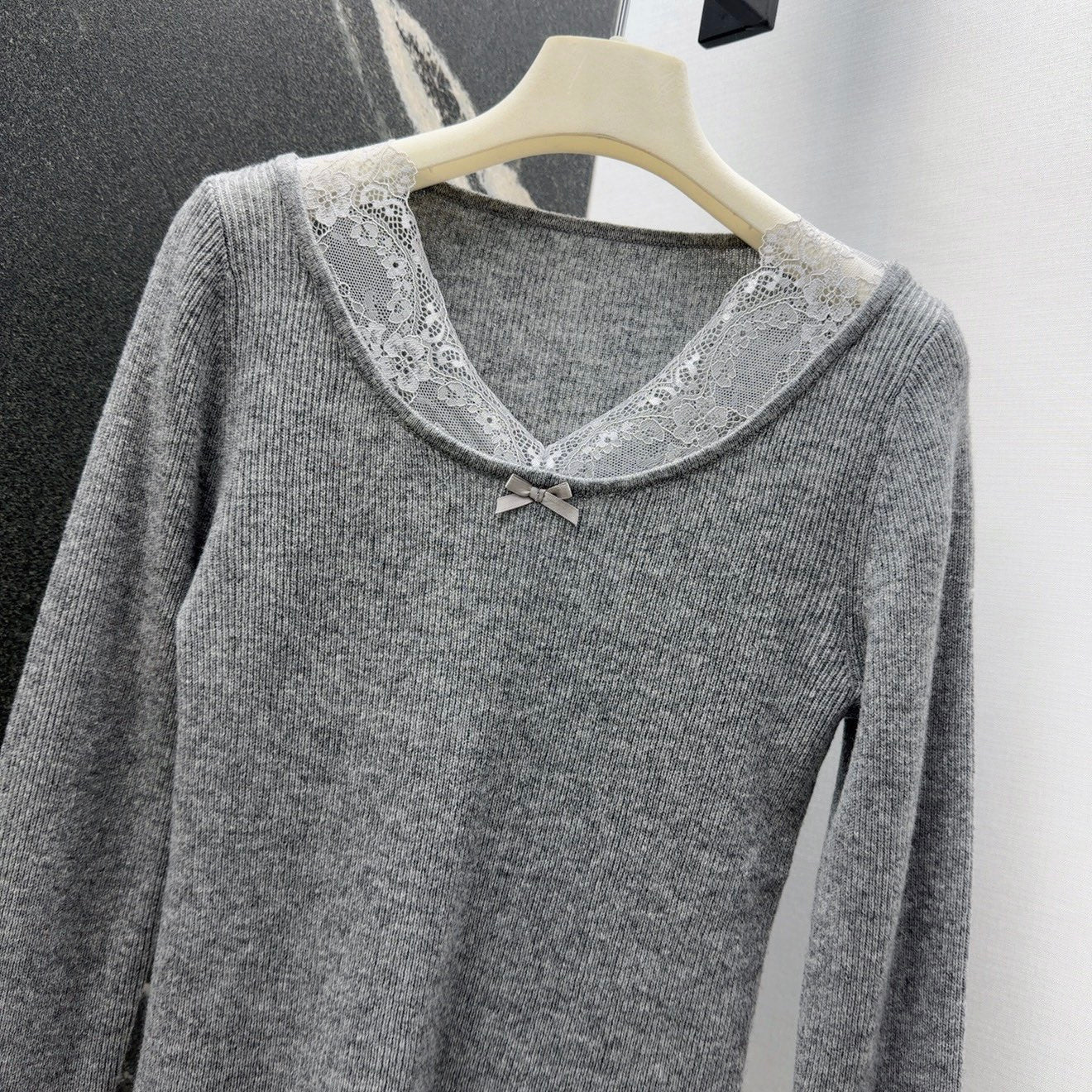 Miumiu 2026 Lace-trimmed Base Layer Top Grey Wool