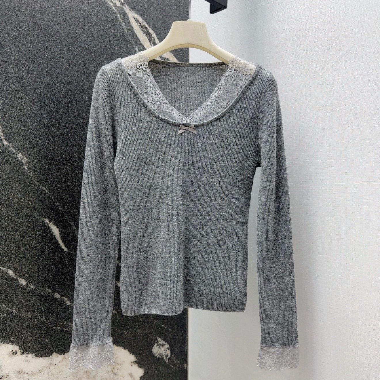 Miumiu 2026 Lace-trimmed Base Layer Top Grey Wool