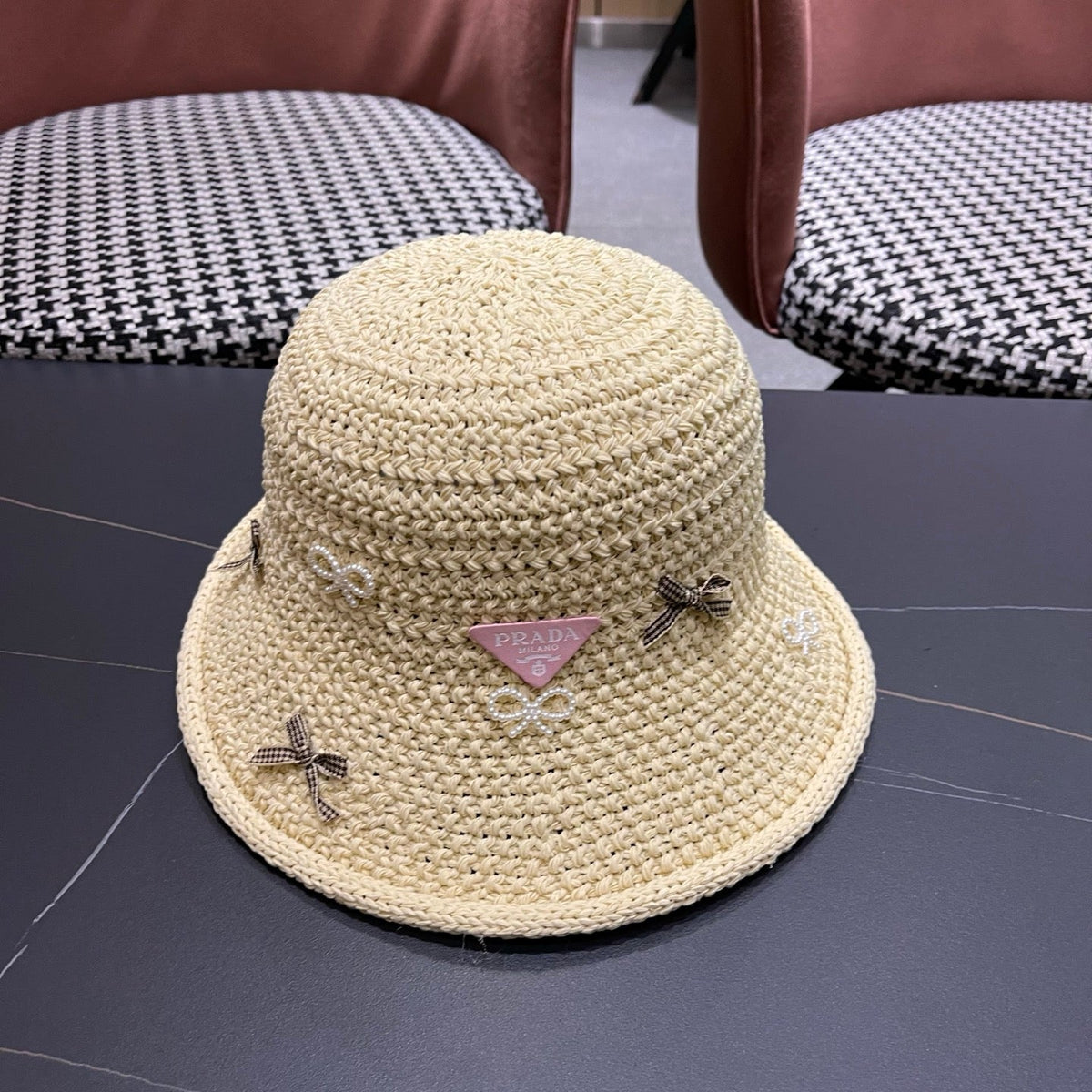 Prada Raffia Bow Knot Fisherman Hat 512516