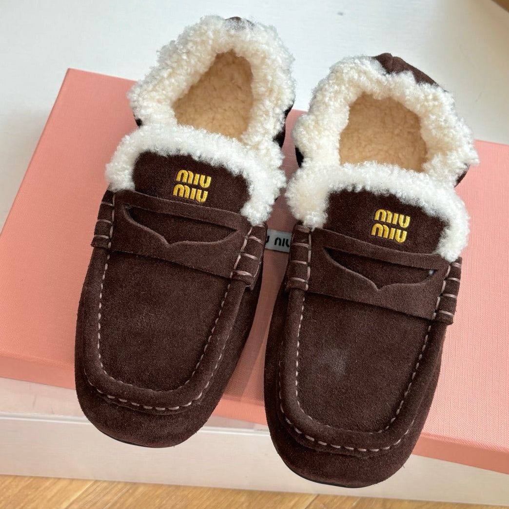 Miu Miu 2026 Ruches Shearling-Lined Penny Loafers Suede 994149