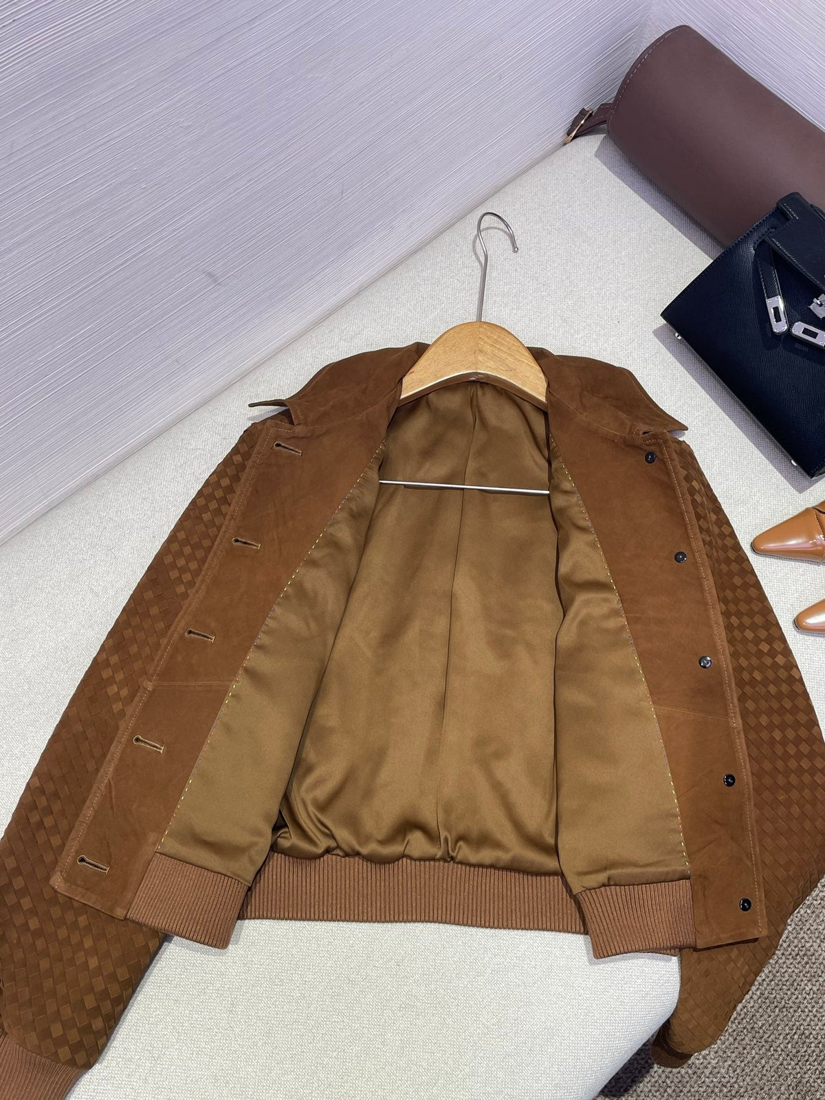 Bottega Veneta 2026 Intrecciato Blouson Jacket Brown Suede 425326