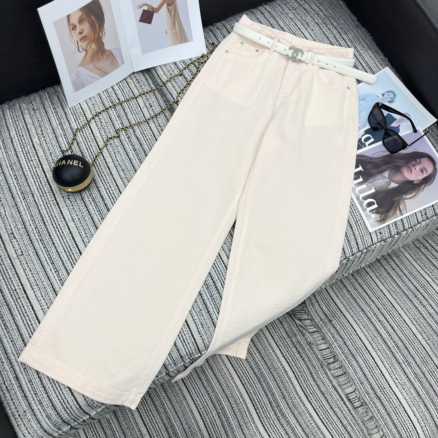 Chanel 2026 Straight-leg Trousers With Double C Leather Belt Light Pink Cotton 365396
