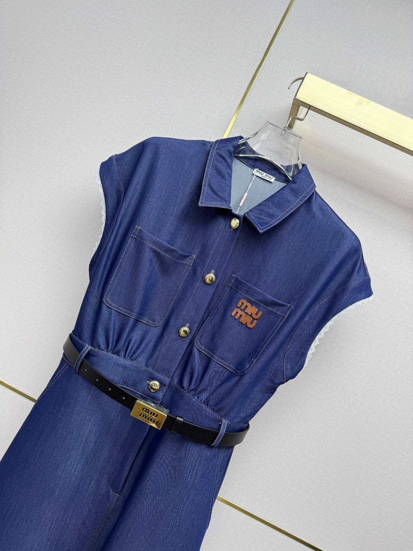 Miumiu 2026 Denim Short-Sleeve Collared Dress Cotton 225006