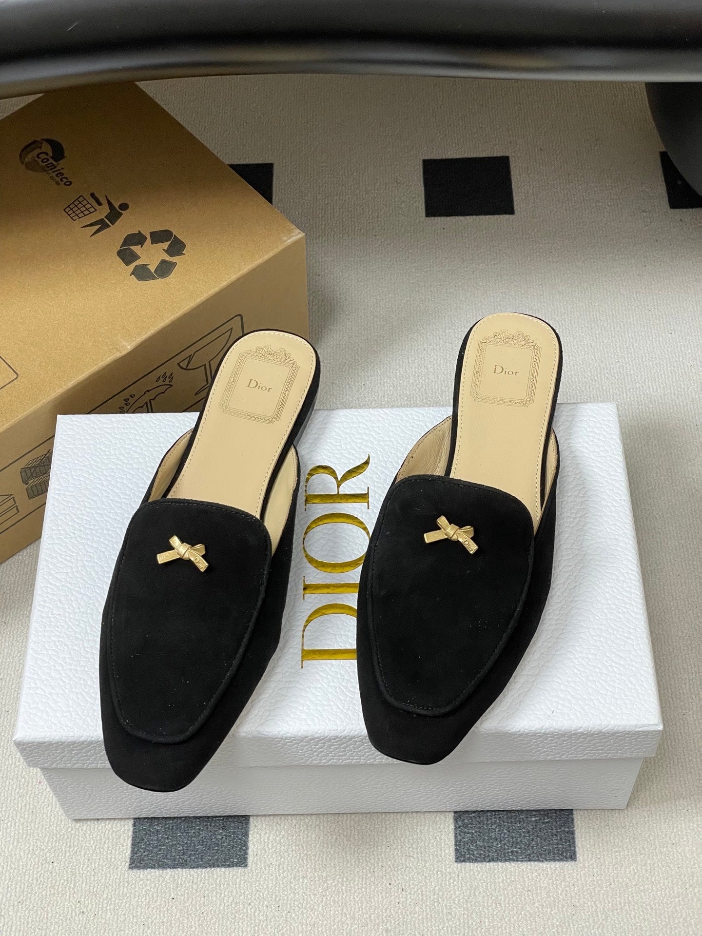 CD 26 Bow Mules Black Beige Suede Cowhide 632595