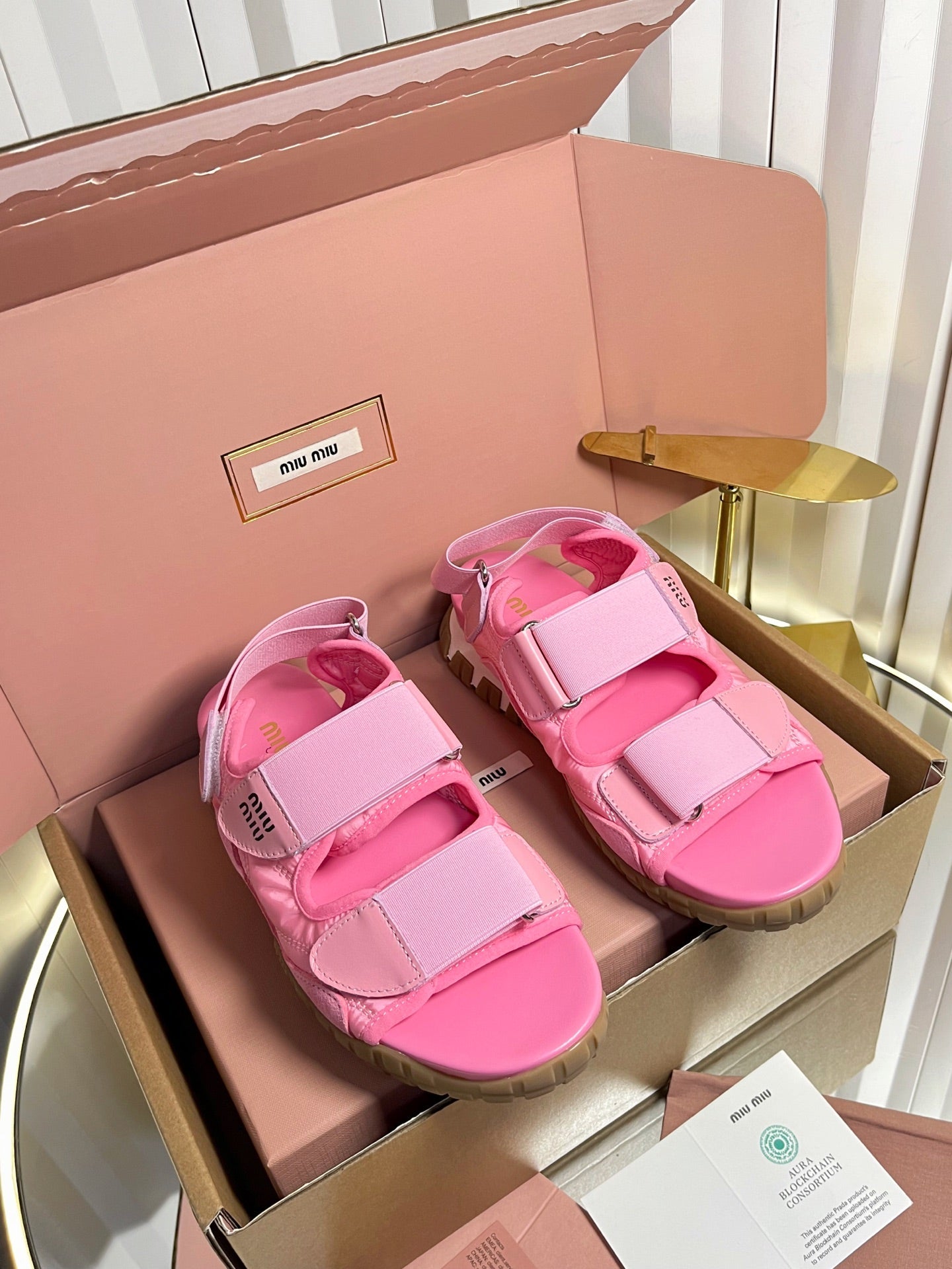 Miumiu 2026 Velcro Sports Sandals Pink Leather 922974