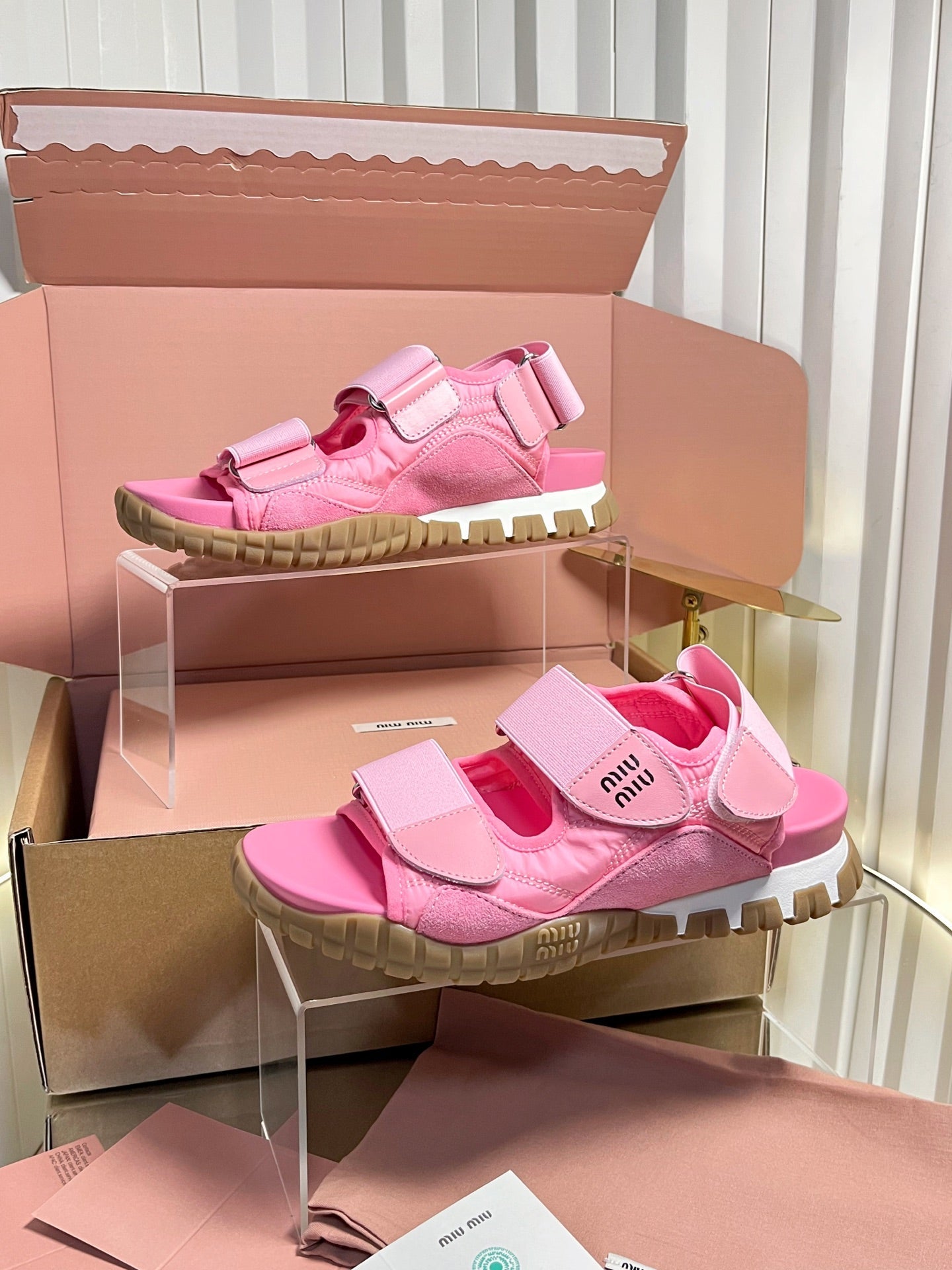 Miumiu 2026 Velcro Sports Sandals Pink Leather 922974
