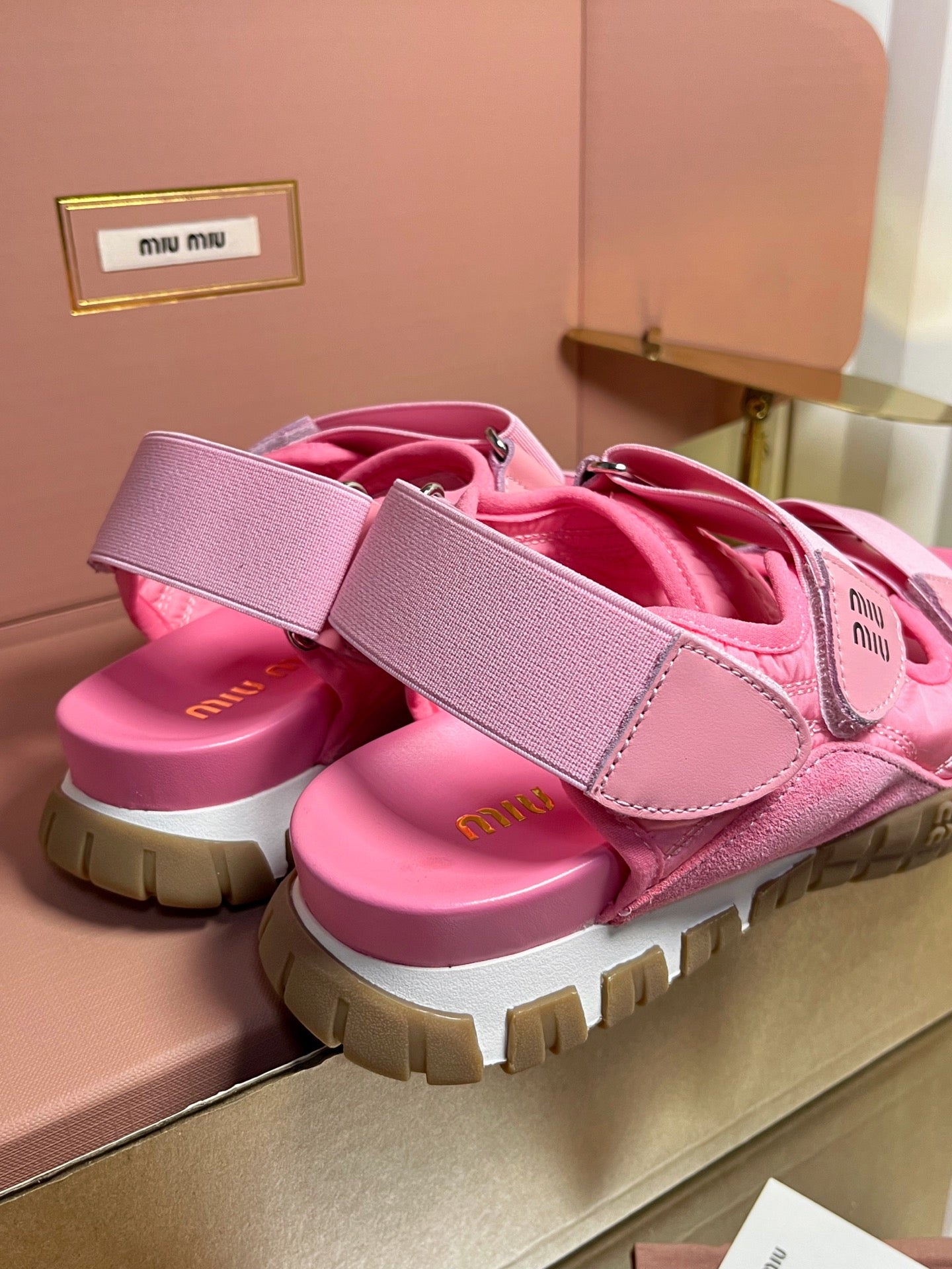 Miumiu 2026 Velcro Sports Sandals Pink Leather 922974