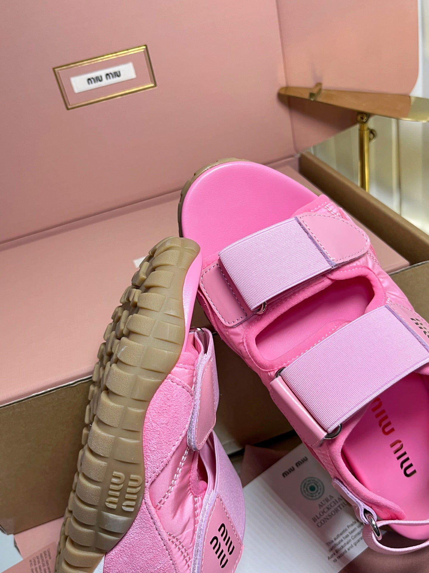 Miumiu 2026 Velcro Sports Sandals Pink Leather 922974