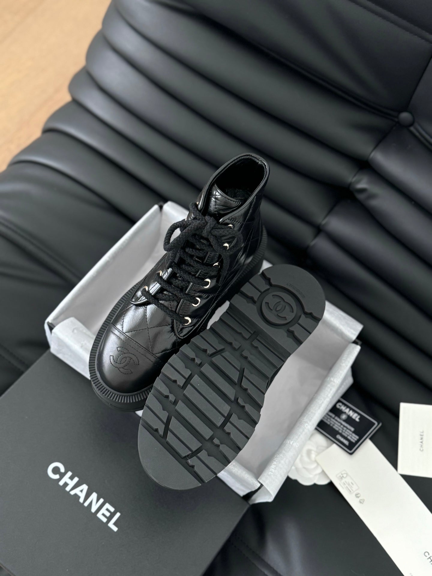cc ankle boots black quilted patent lambskin