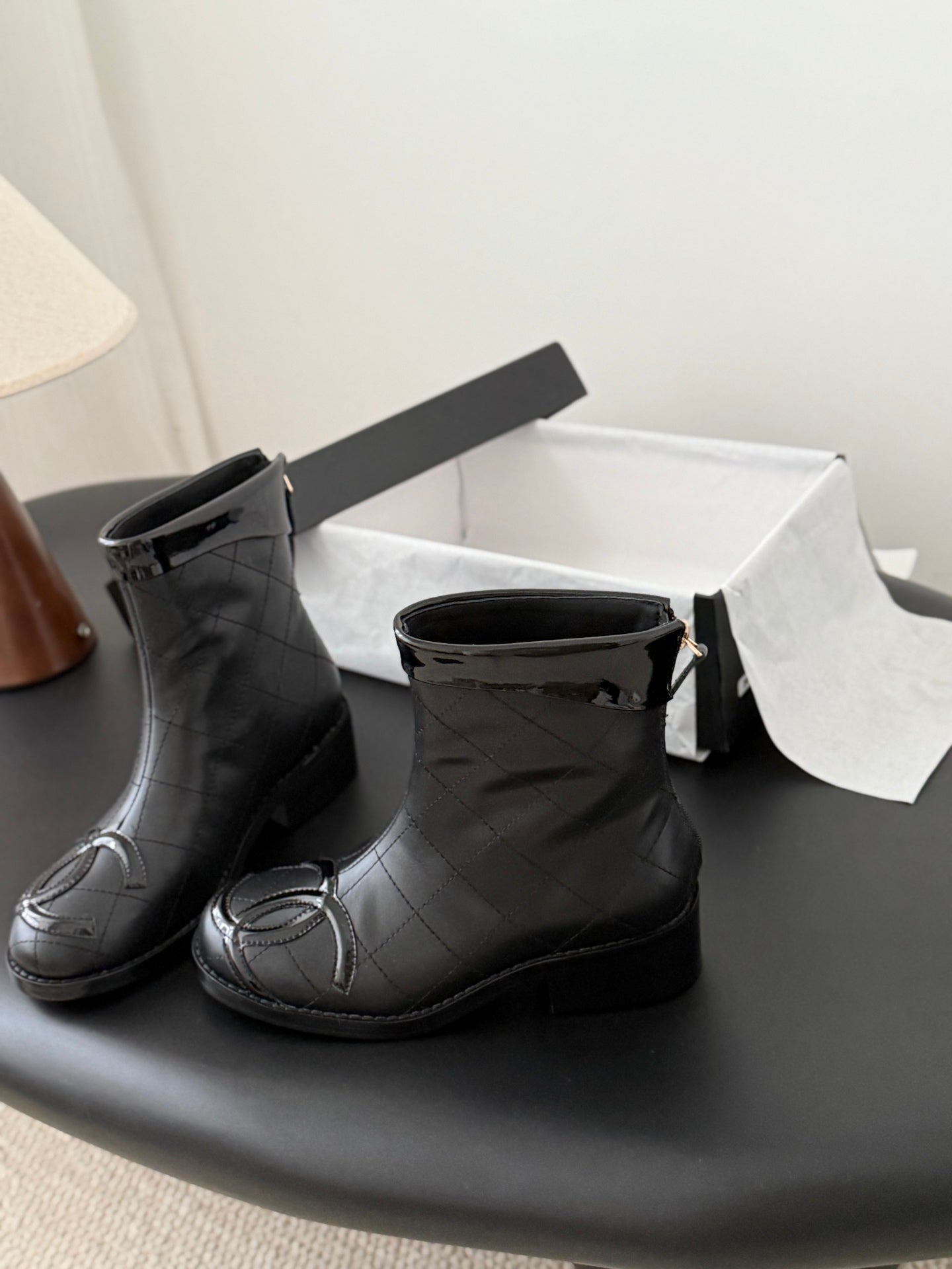 CC 2025 Vintage Cambon Mid-Calf Short Boots Black Cowhide 550635