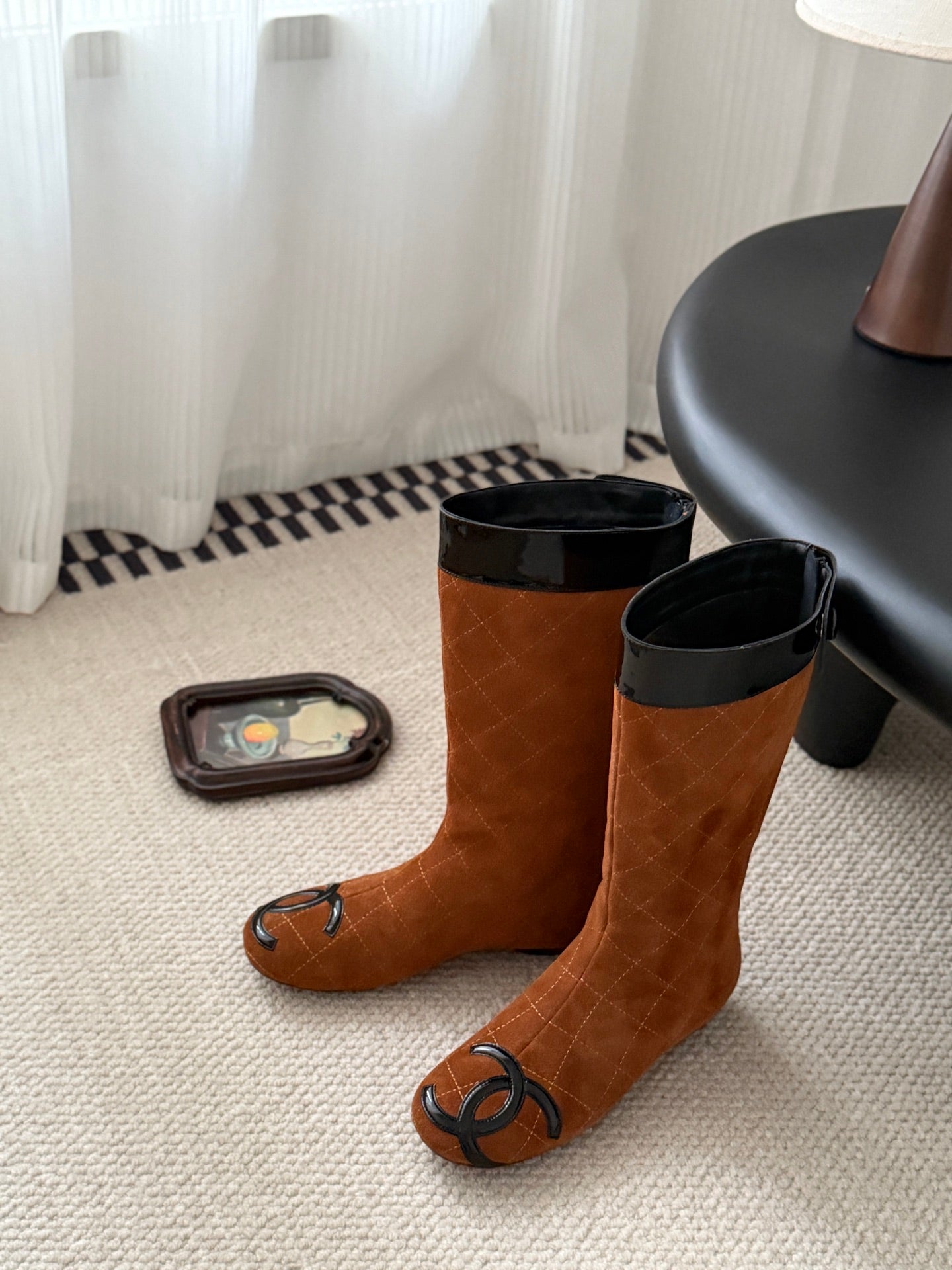 CC 2025 Vintage Cambon Mid-Calf Boots Brown Black Suede Patent Leather 550642