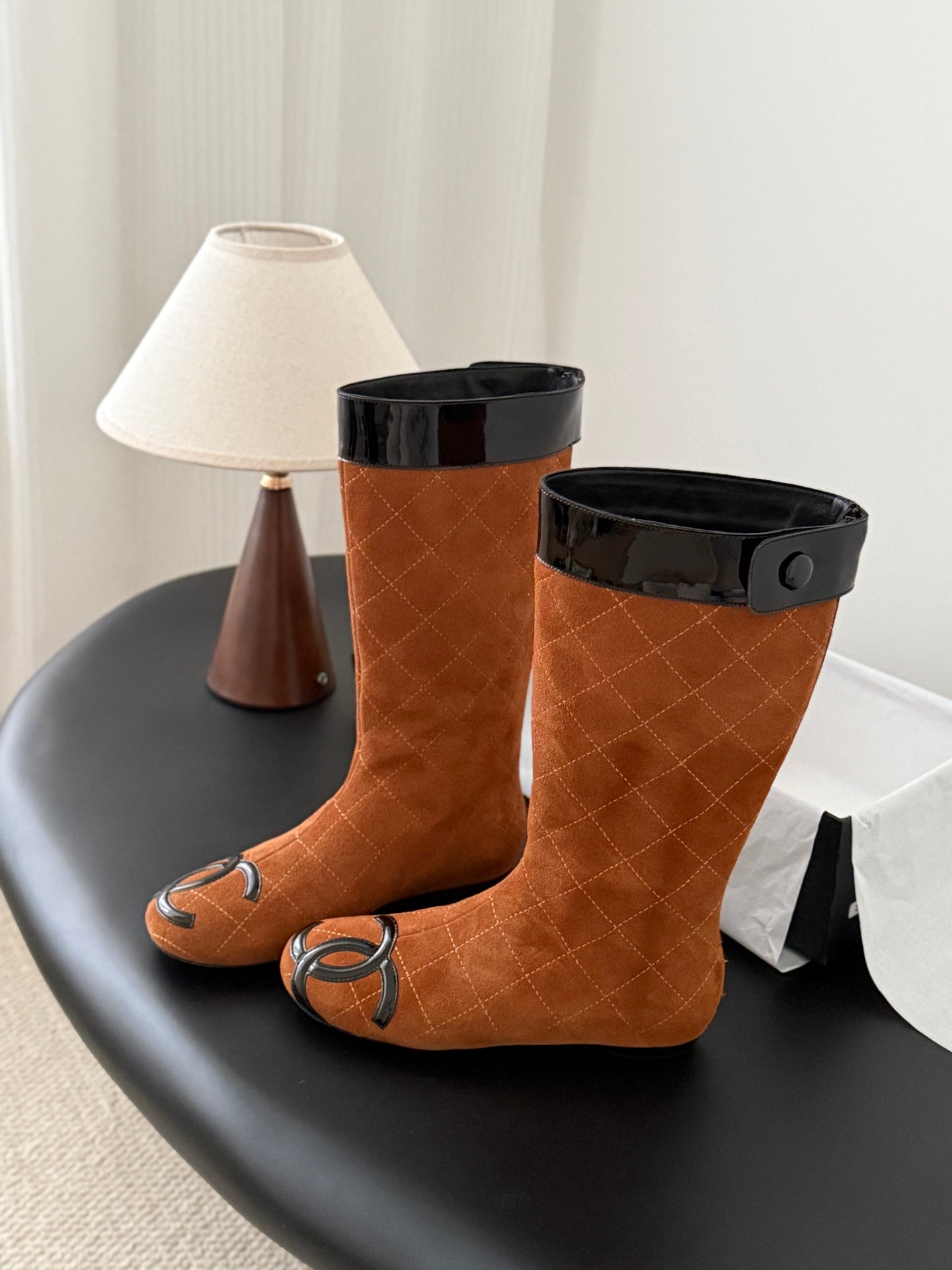 CC 2025 Vintage Cambon Mid-Calf Boots Brown Black Suede Patent Leather 550642