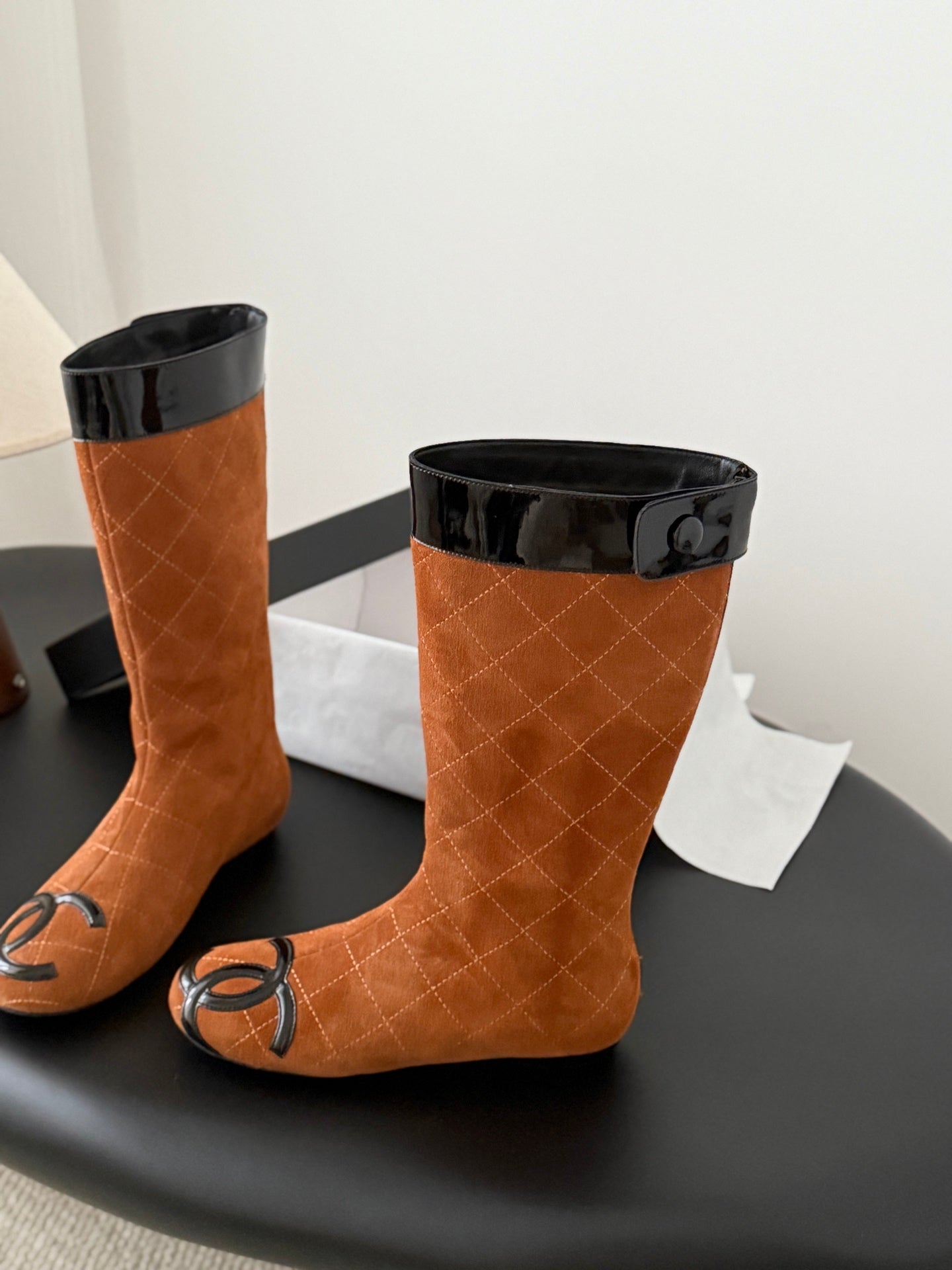 CC 2025 Vintage Cambon Mid-Calf Boots Brown Black Suede Patent Leather 550642