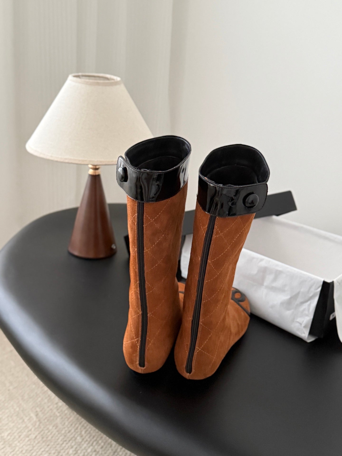 CC 2025 Vintage Cambon Mid-Calf Boots Brown Black Suede Patent Leather 550642