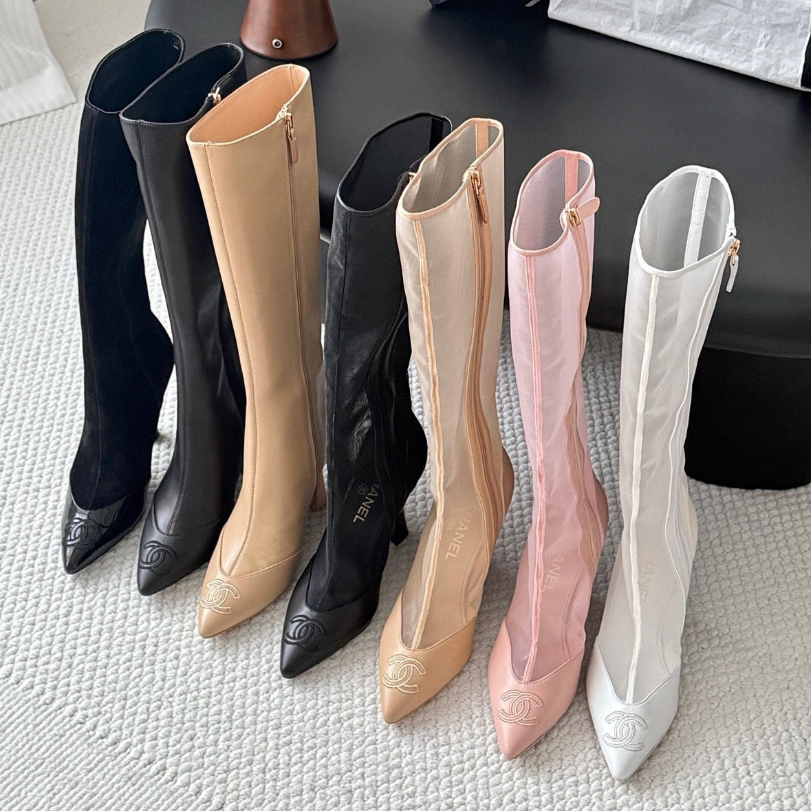 Chanel 2026 Pointed Toe Knee-High Boots 80mm Mesh Suede Leather 127974