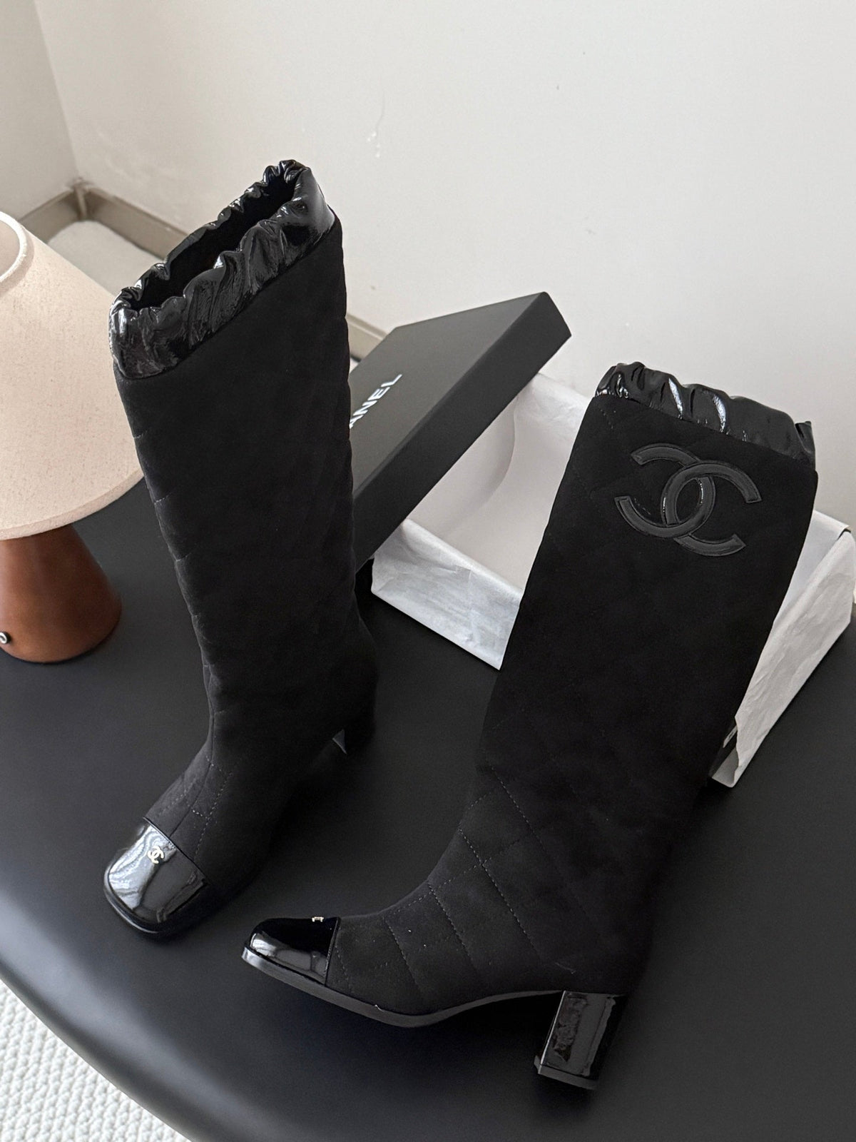 Chanel 2026 Quilted Knee-High Boots 60mm Black Suede 127992