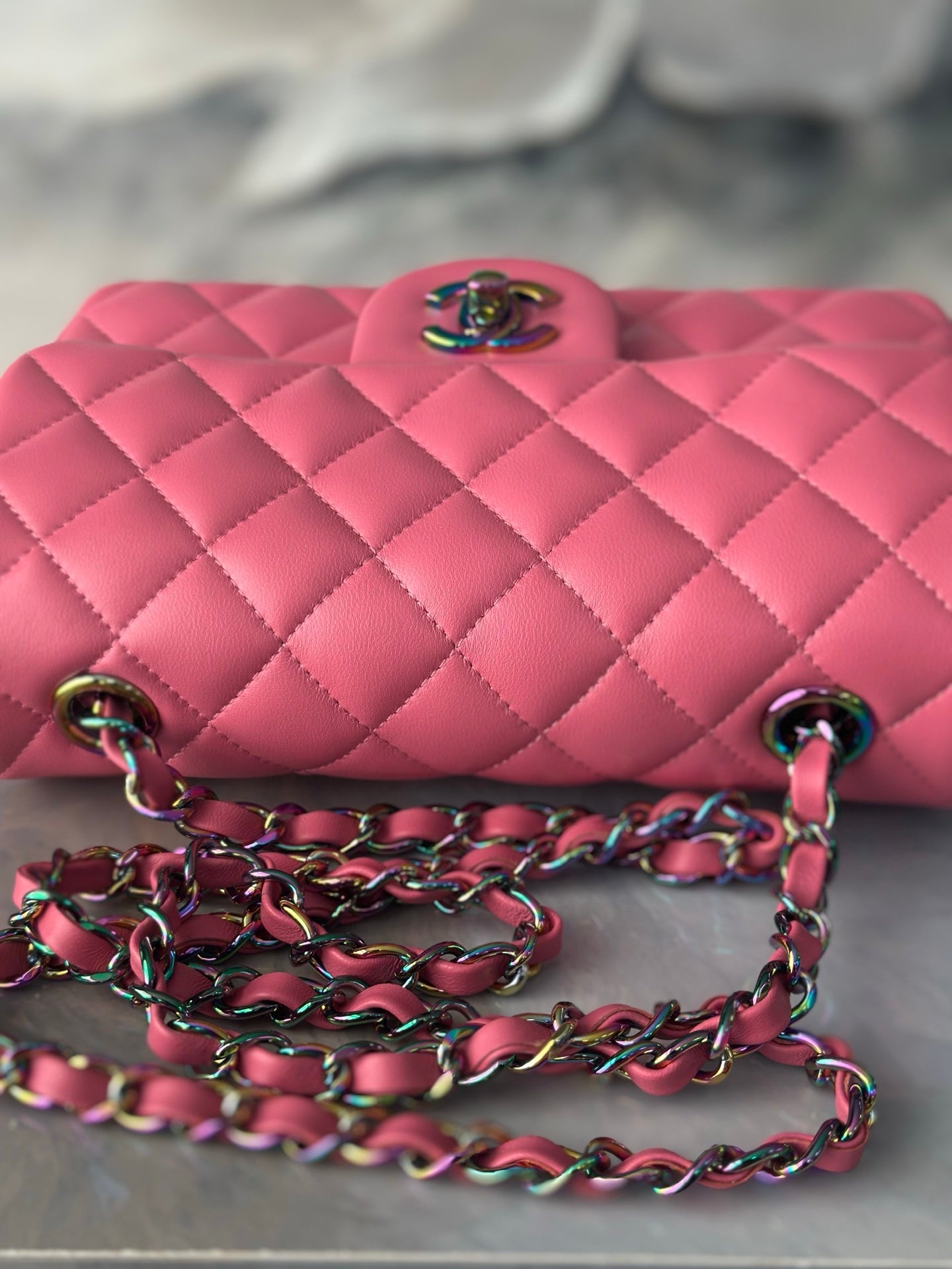 Chanel 2026 Flap Bag 20cm Pink Quilted Leather Rainbow Buckle