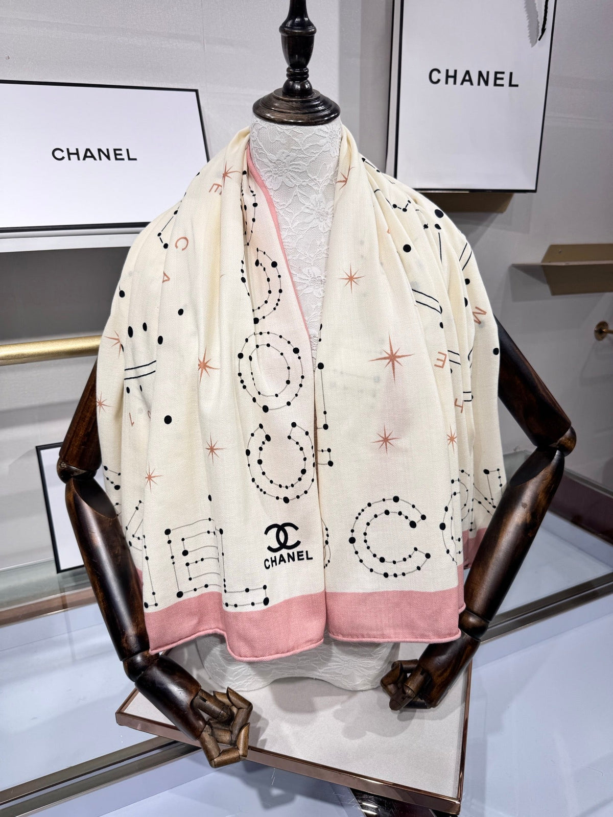 Chanel 2026 Constellation Pattern Scarf 135cm Pink White Silk And Cashmere 200141