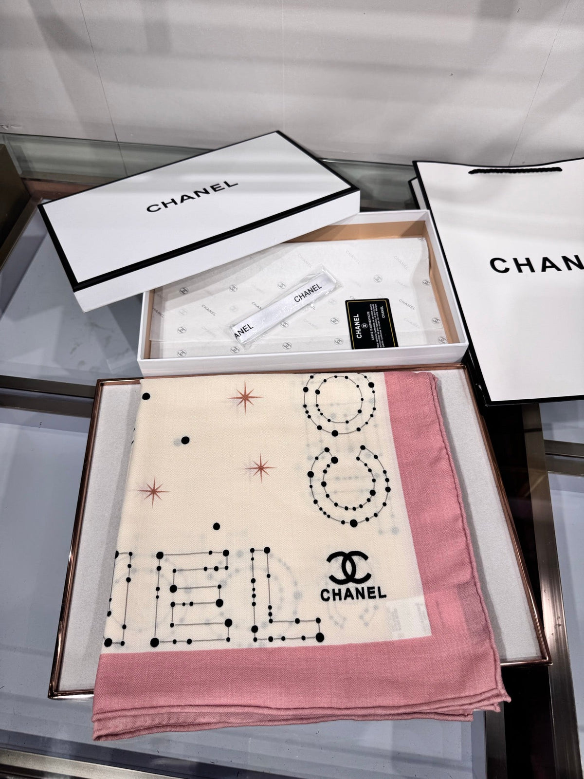 Chanel 2026 Constellation Pattern Scarf 135cm Pink White Silk And Cashmere 200141