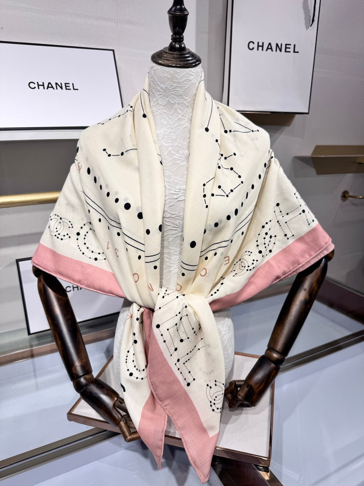 Chanel 2026 Constellation Pattern Scarf 135cm Pink White Silk And Cashmere 200141
