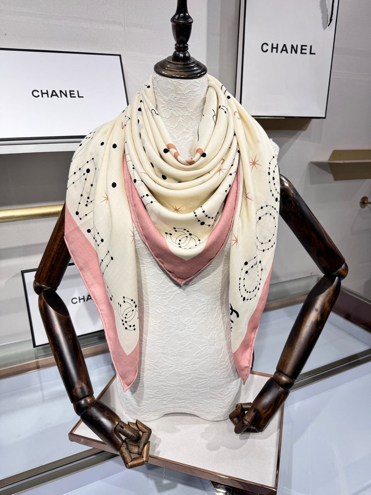 Chanel 2026 Constellation Pattern Scarf 135cm Pink White Silk And Cashmere 200141