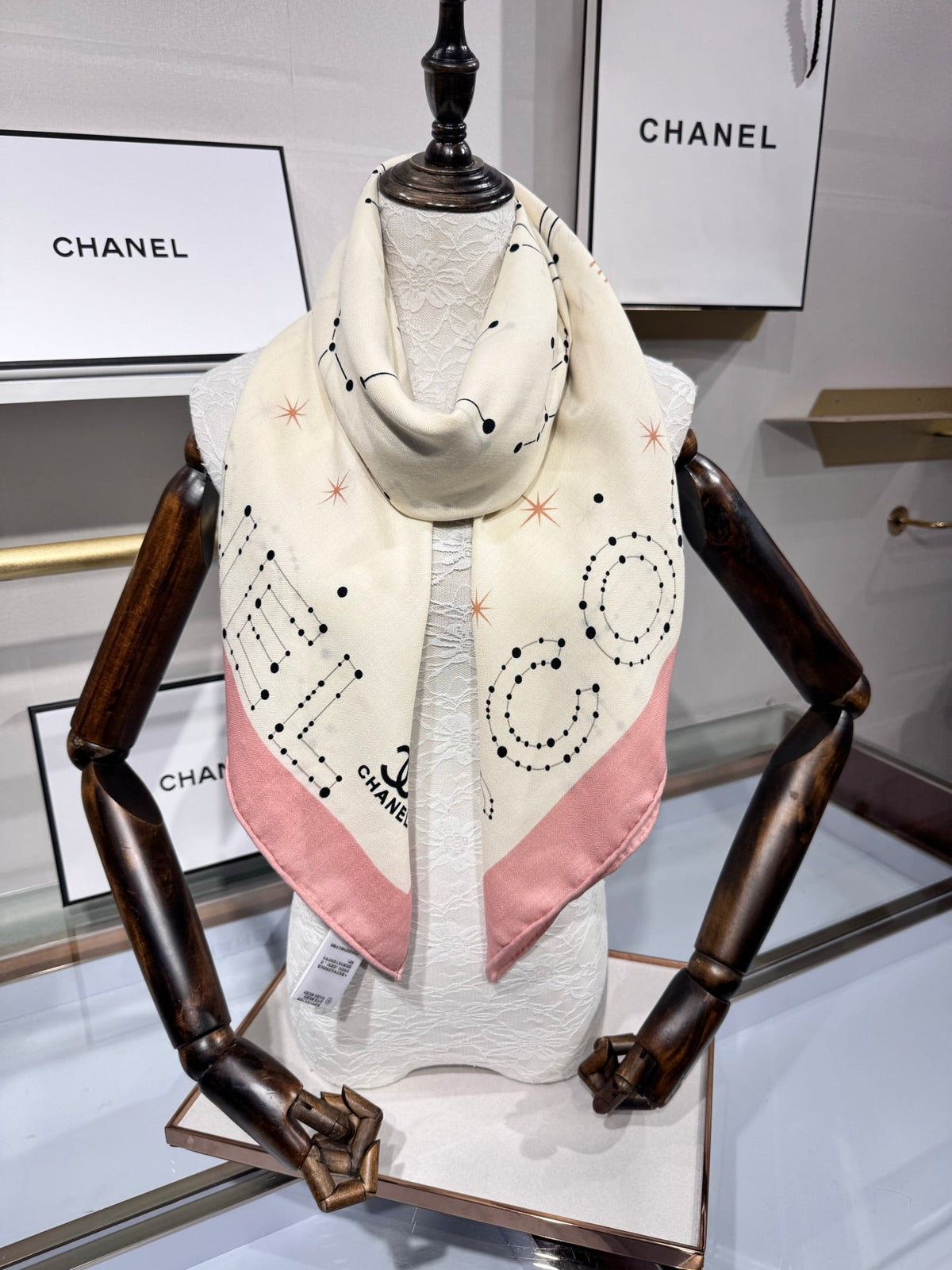 Chanel 2026 Constellation Pattern Scarf 135cm Pink White Silk And Cashmere 200141