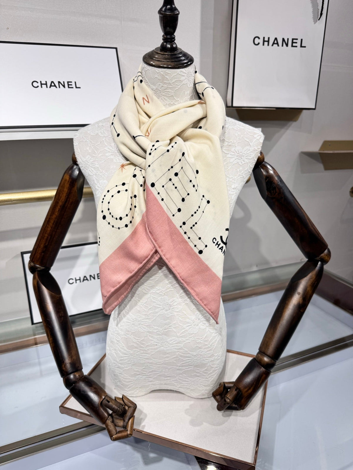 Chanel 2026 Constellation Pattern Scarf 135cm Pink White Silk And Cashmere 200141