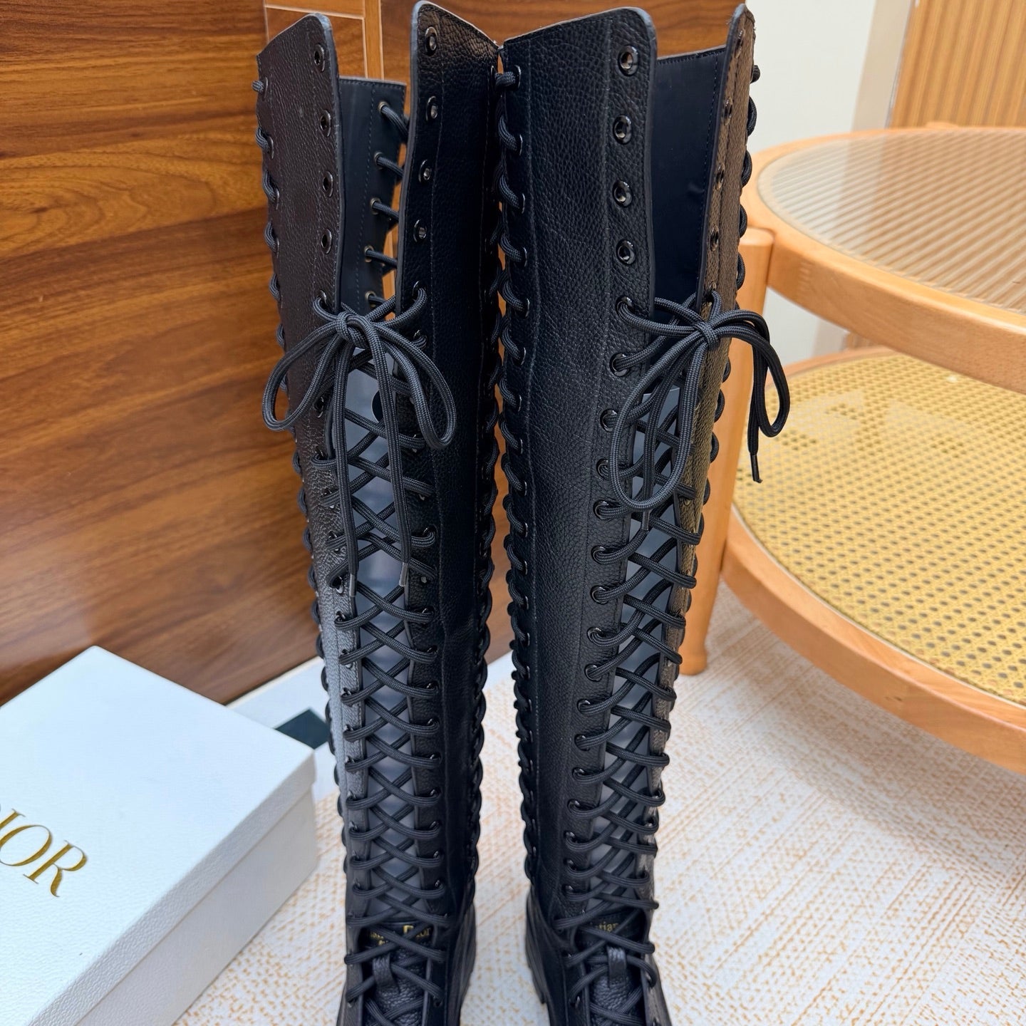 Dior 2026 Diorebel Knee-High Combat Boots Black Cowhide 973977