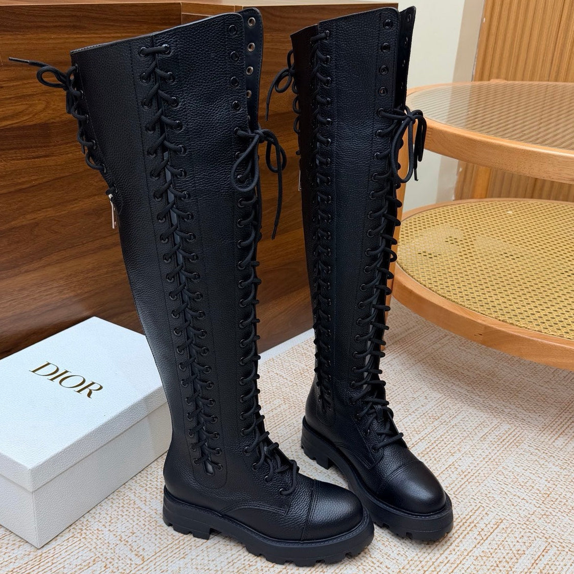 Dior 2026 Diorebel Knee-High Combat Boots Black Cowhide 973977
