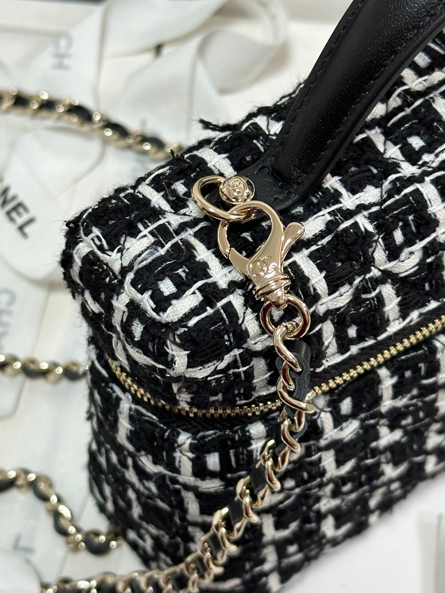 CC 25C Vanity Case Black White Tweed Light Gold Hardware 243667