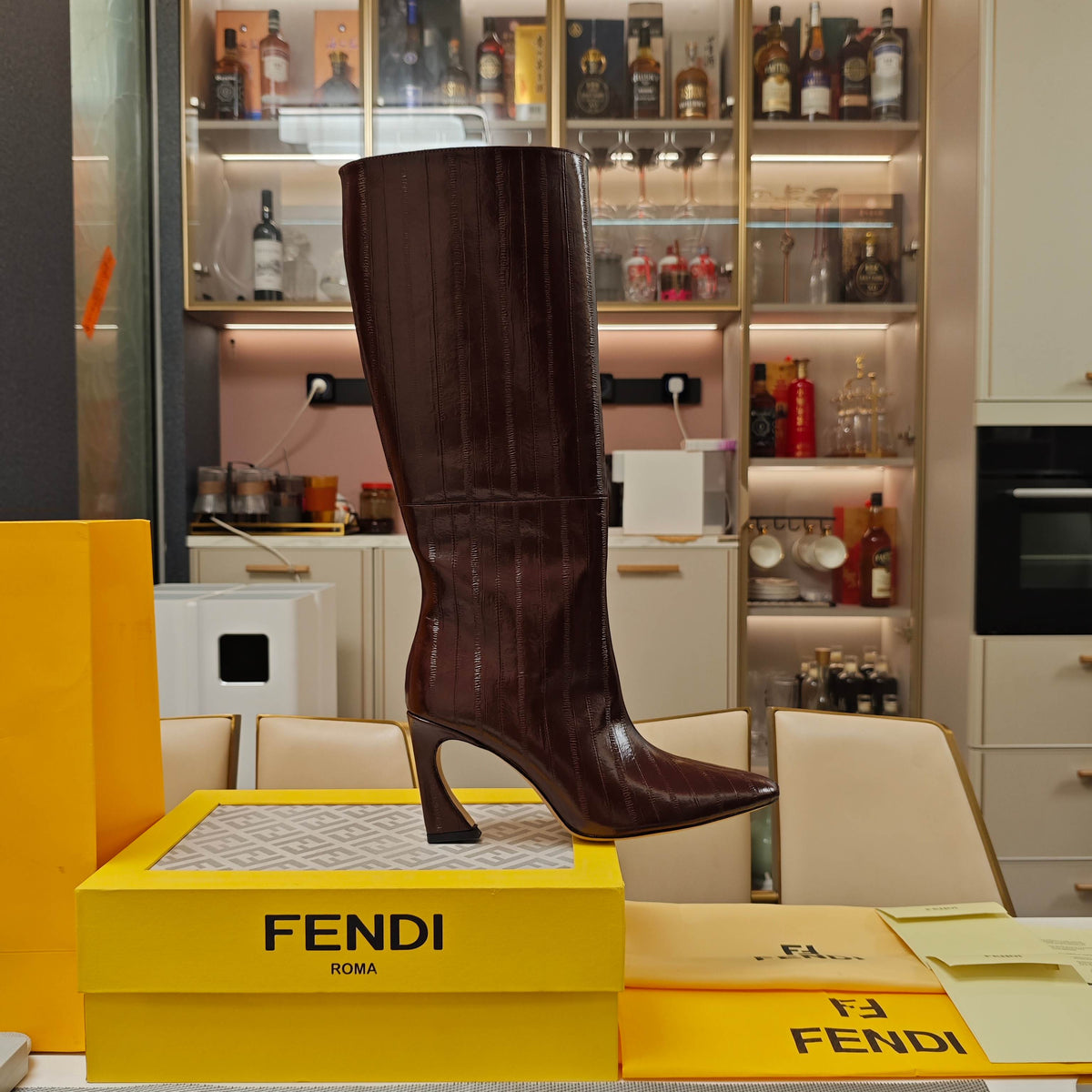 Fendi 25ss high-heeled boots reddish brown sheepskin 502719